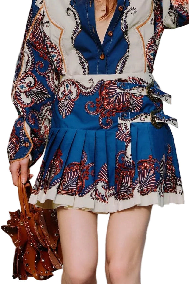 Farm Rio - Minigonna pieghe arabesque blu