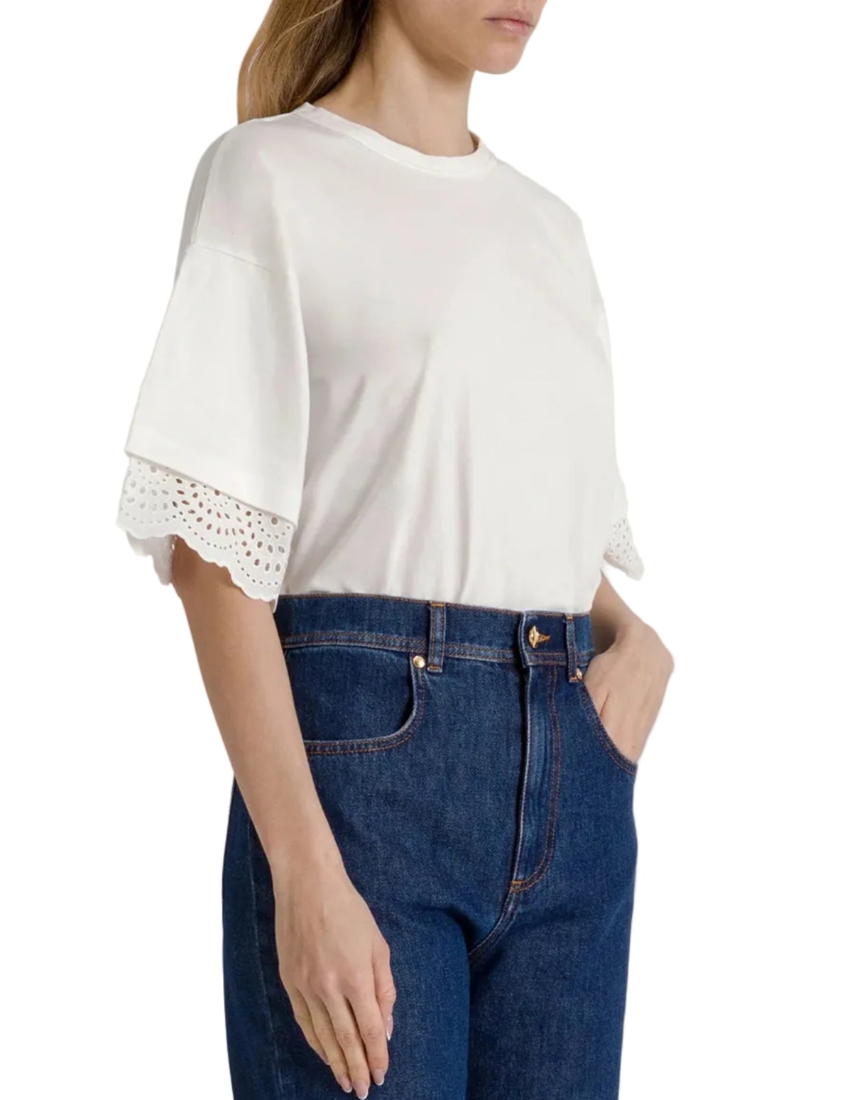 Alberta Ferretti - T-shirt bianca con maniche sangallo