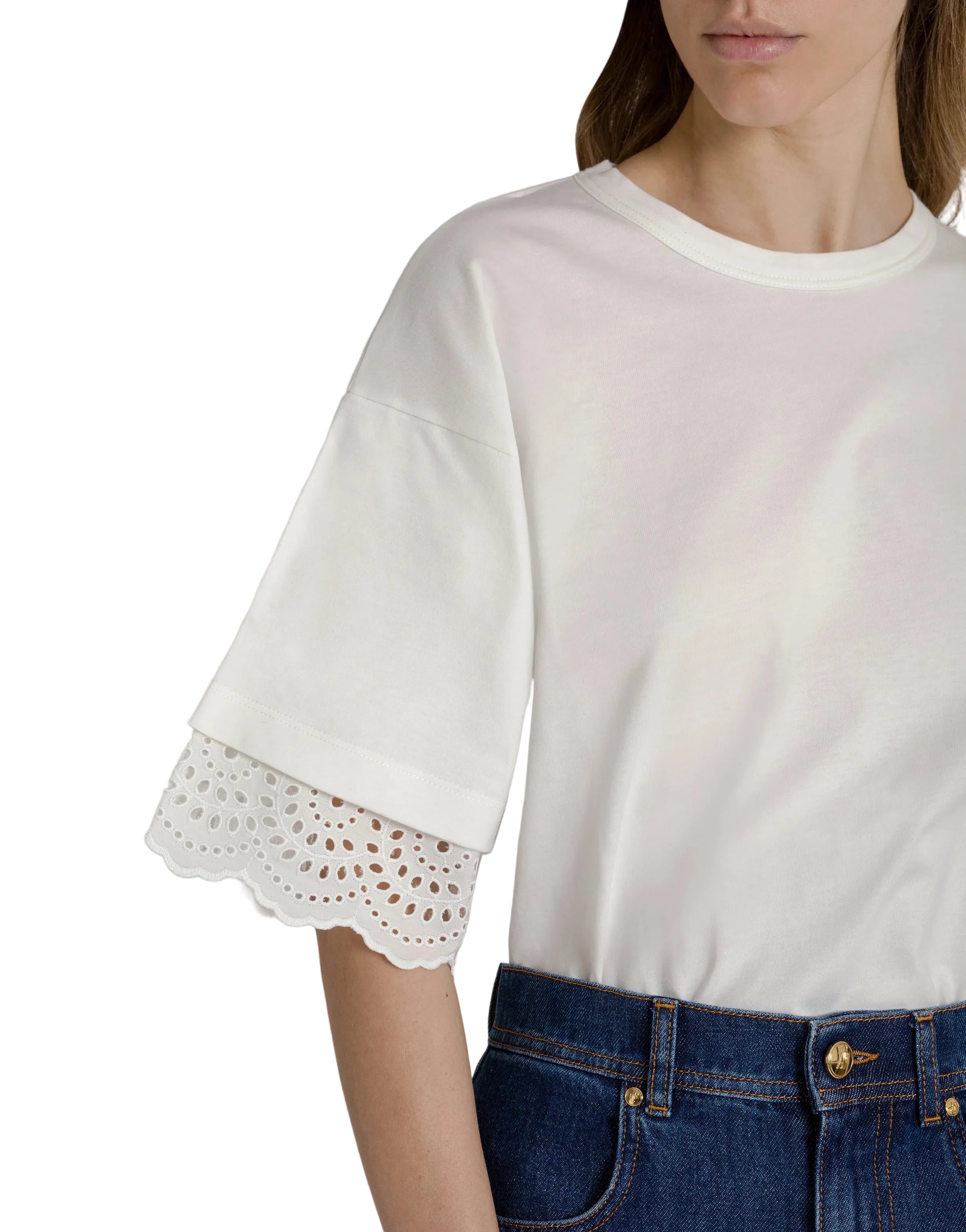 Alberta Ferretti - T-shirt bianca con maniche sangallo