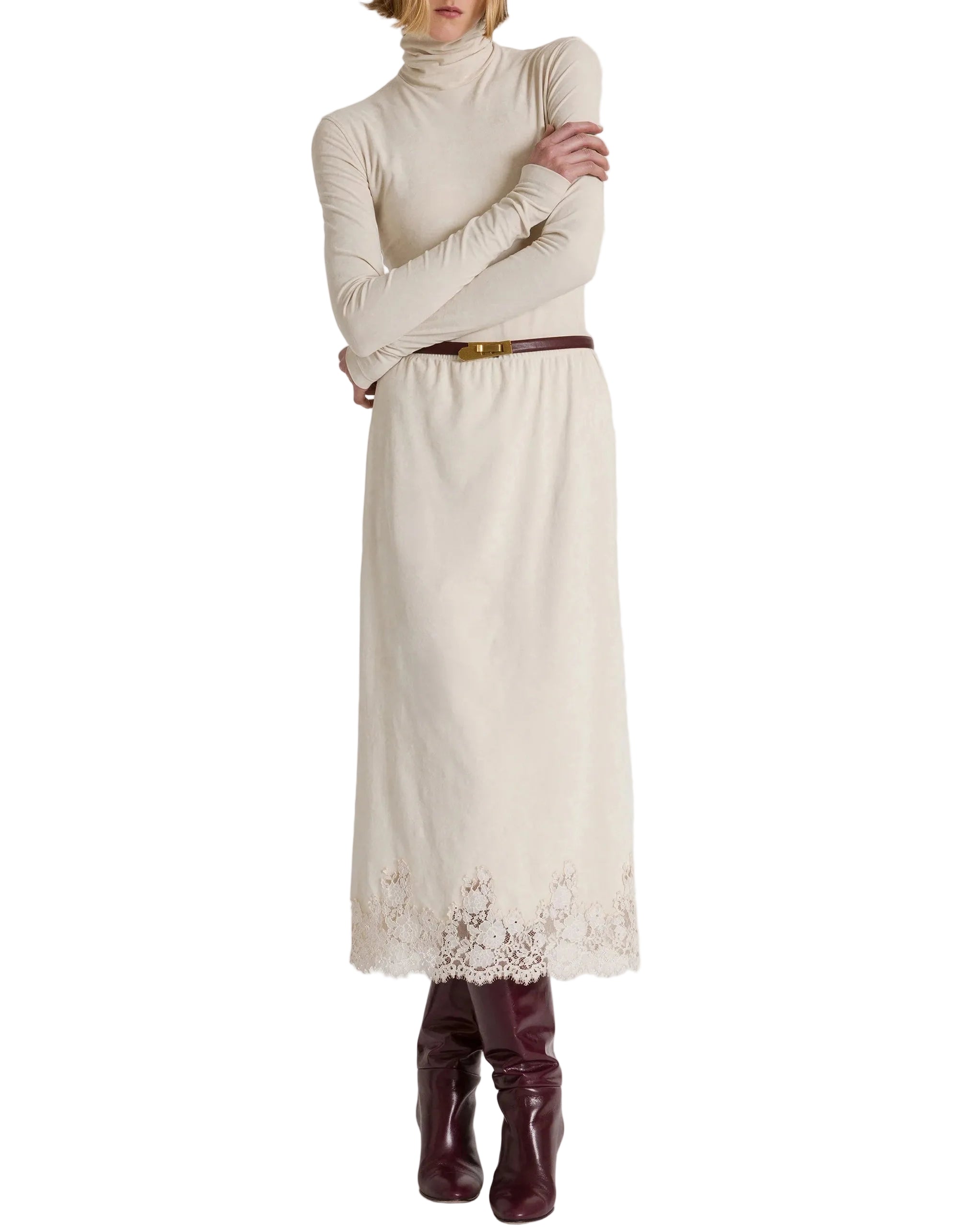 Alberta Ferretti - Gonna midi vellluto avorio con pizzo