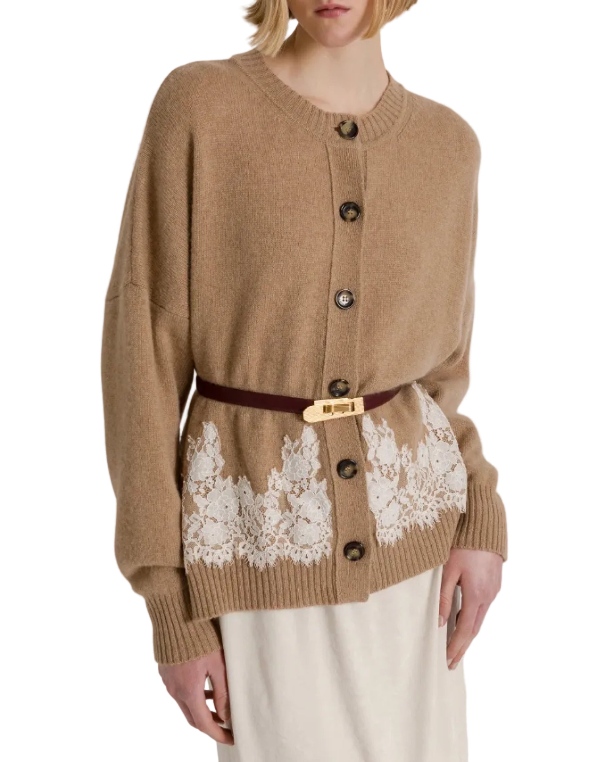 Alberta Ferretti - Cardigan beige con inserti in pizzo
