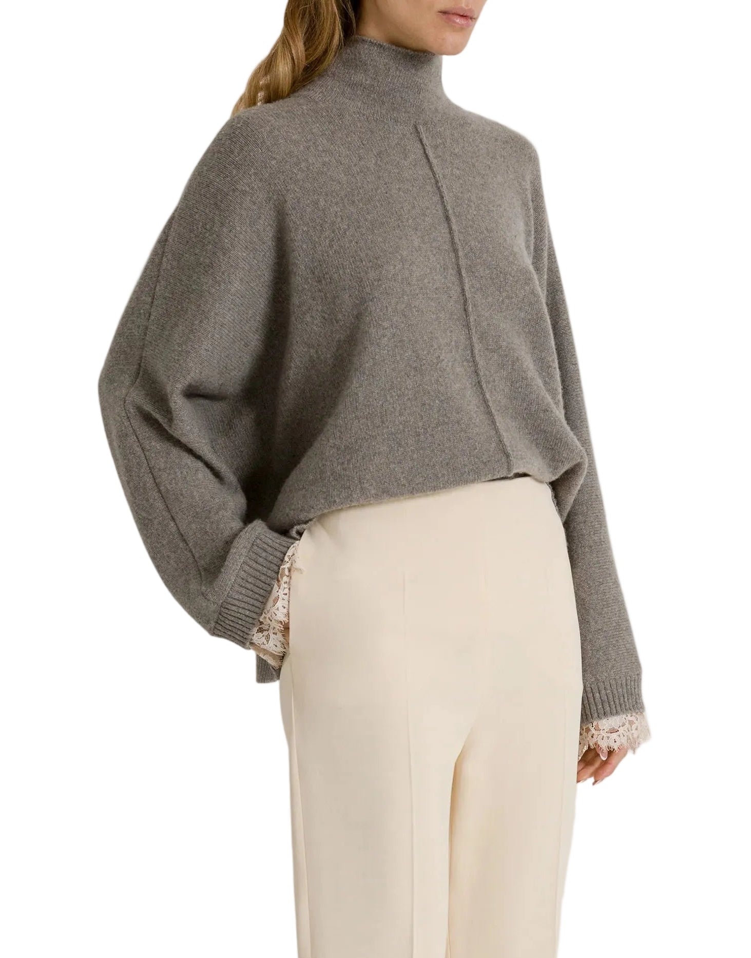 Alberta Ferretti - Maglione grigio con dettaglio pizzo polsino