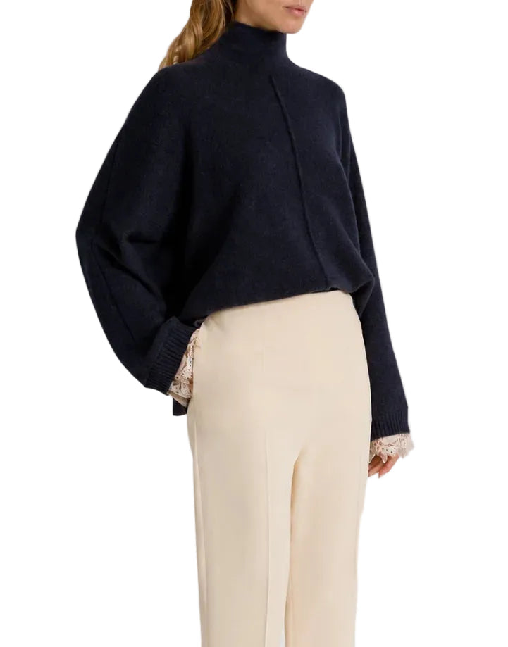 Alberta Ferretti - Maglia blu cashmere con pizzo