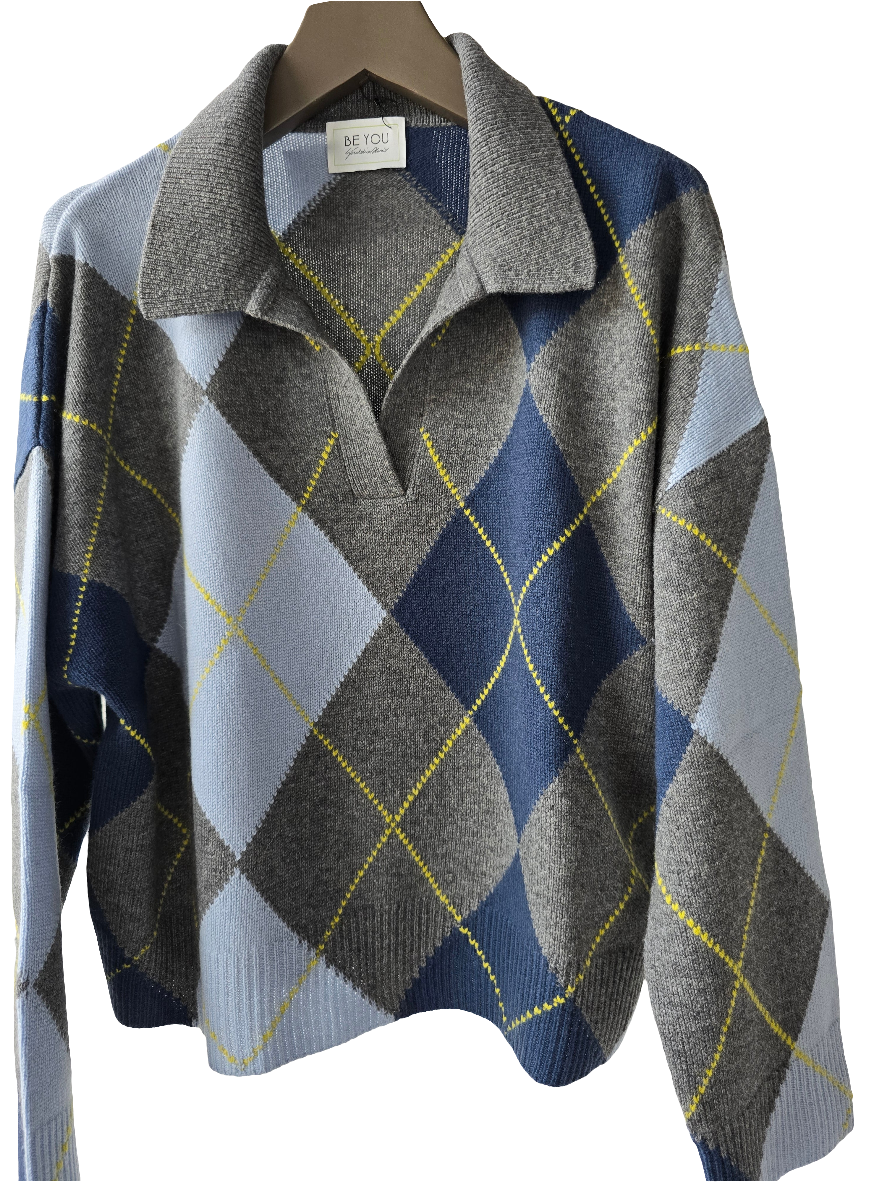 Maglia in cashmere modello polo a rombi