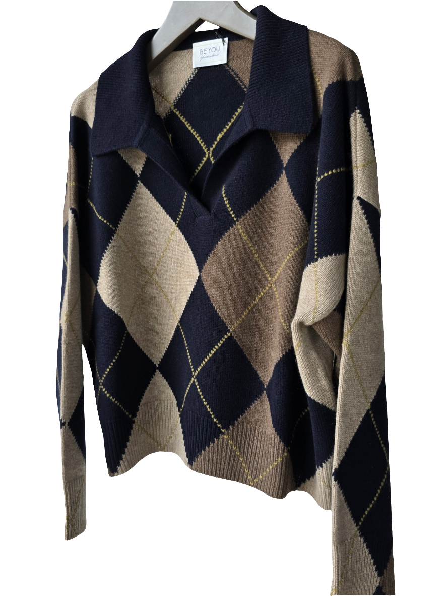 Maglia in cashmere modello polo a rombi