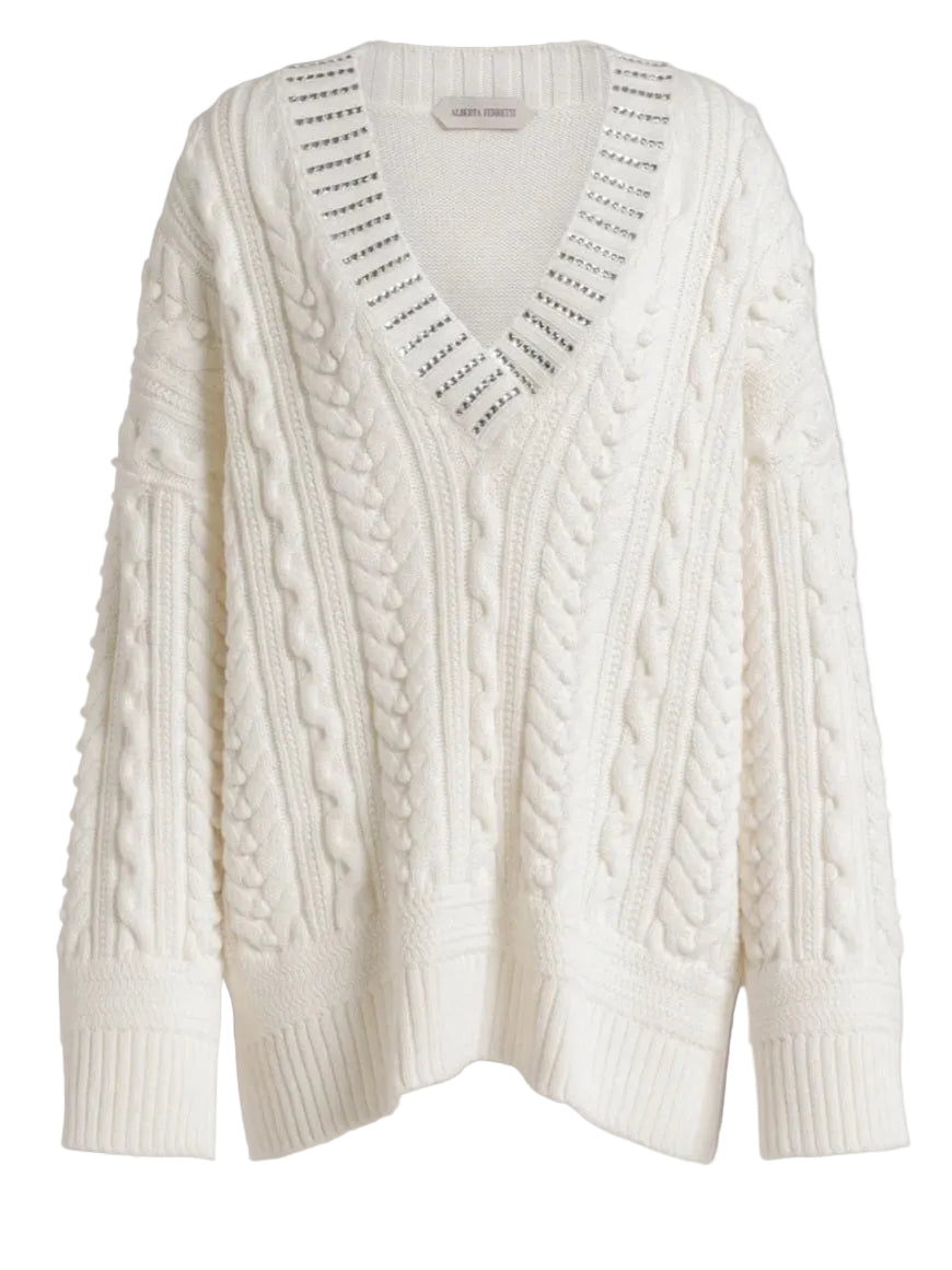 Alberta Ferretti - Maglia bianca a trecce e cristalli