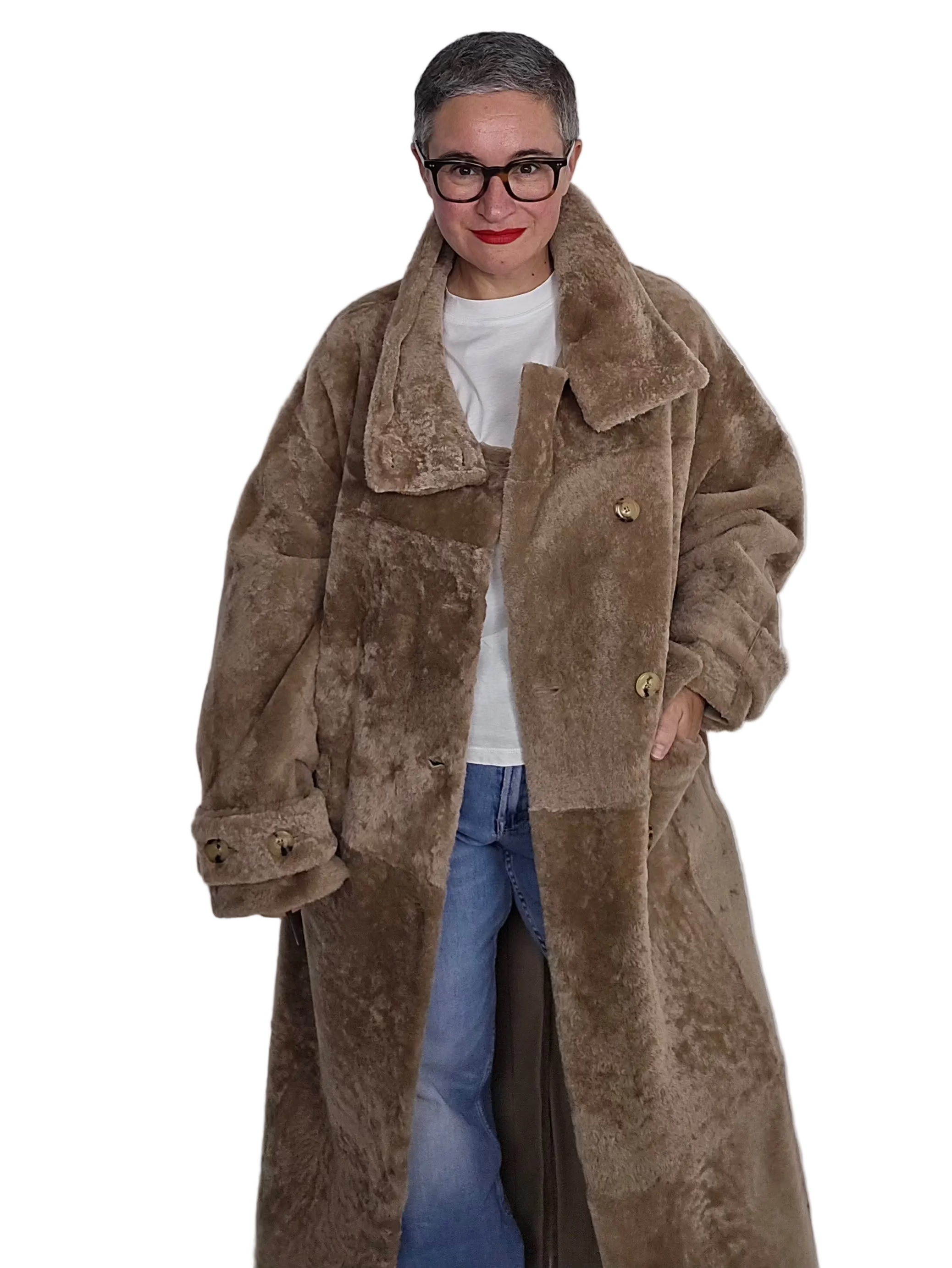 Blancha - Cappotto collo alto astrakhan nocciola
