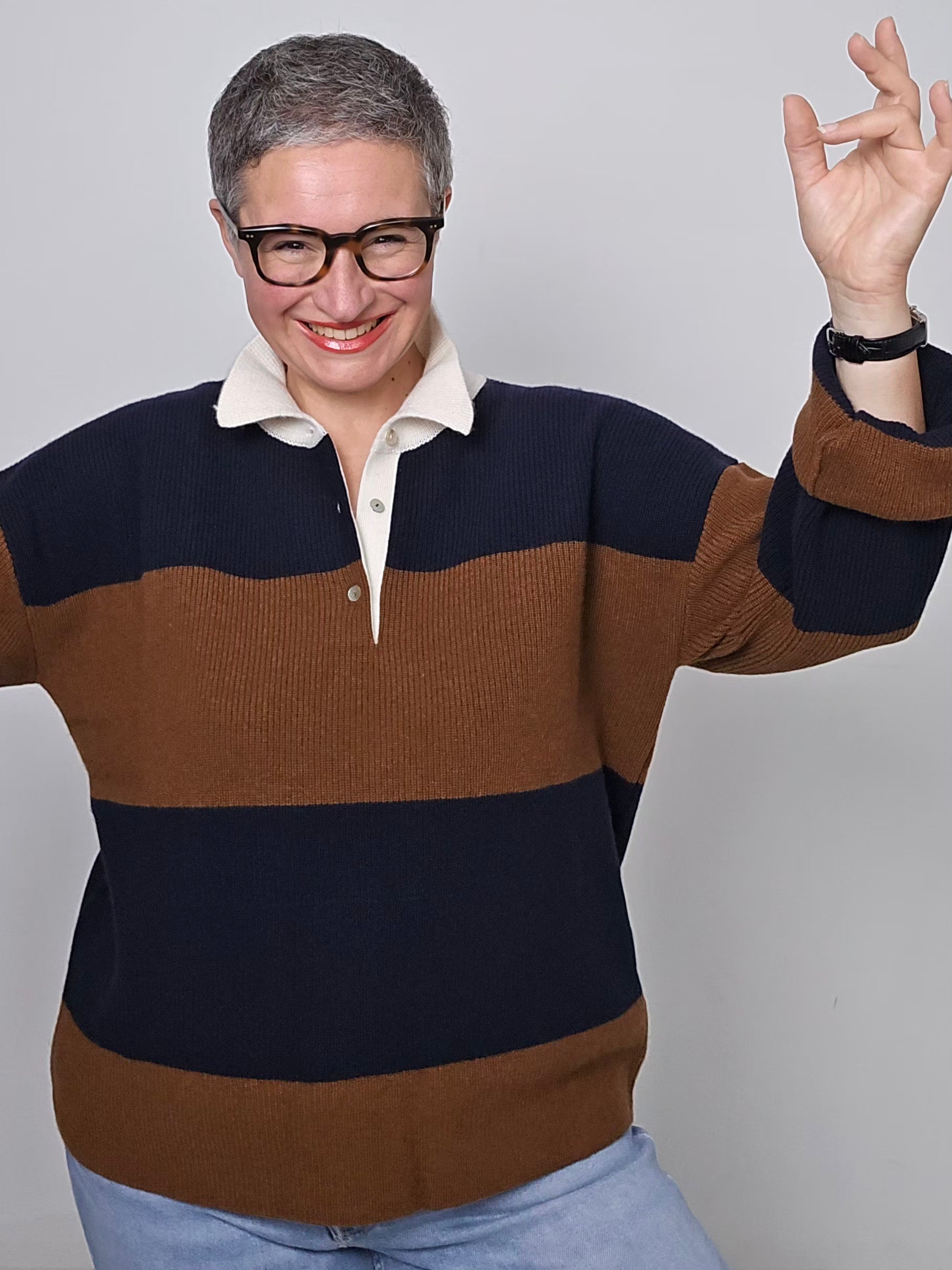 Be You - Polo cashmere a righe blu cuoio