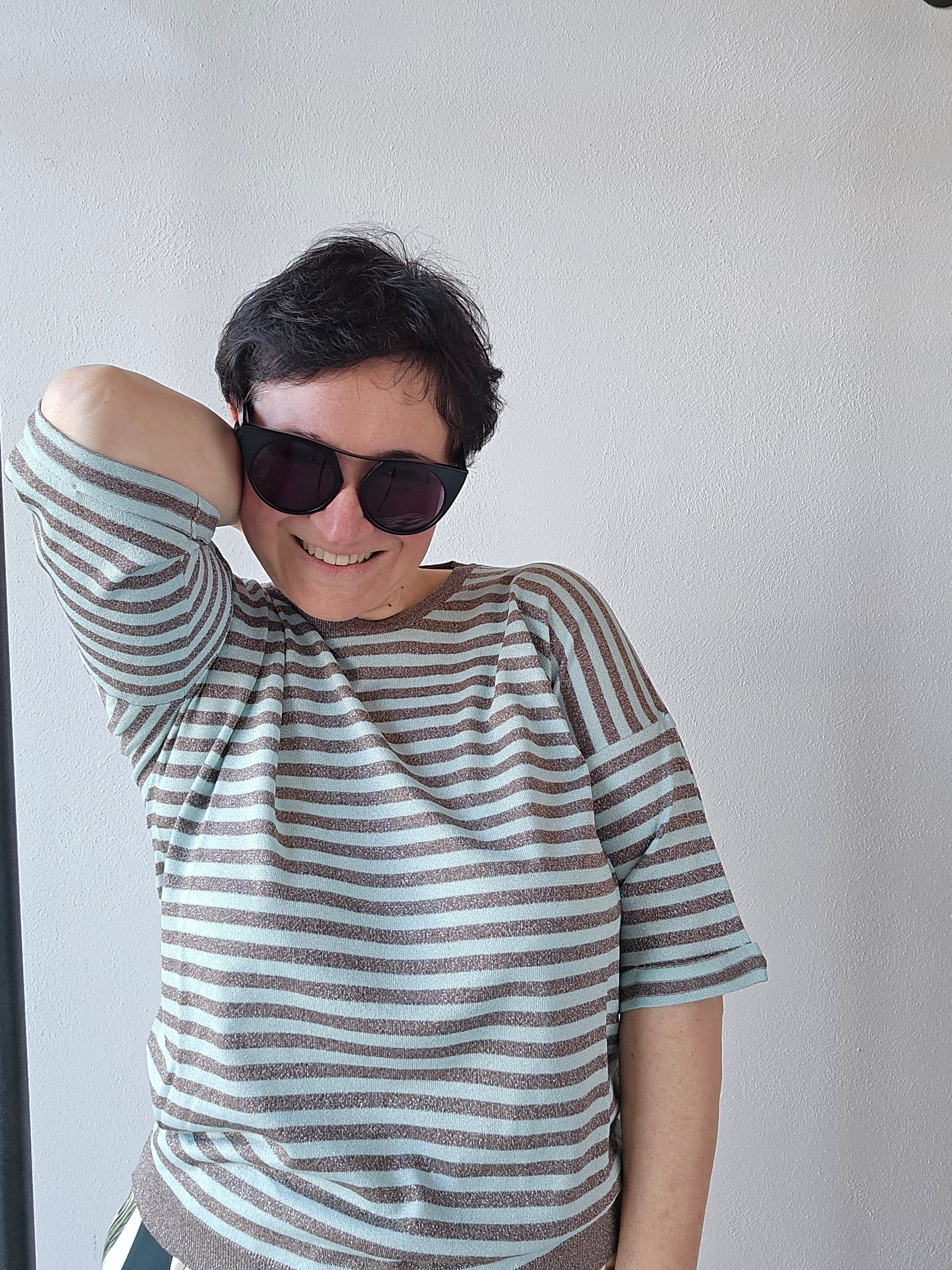 Be You - T-shirt lurex a righe cioccolato/azzurro