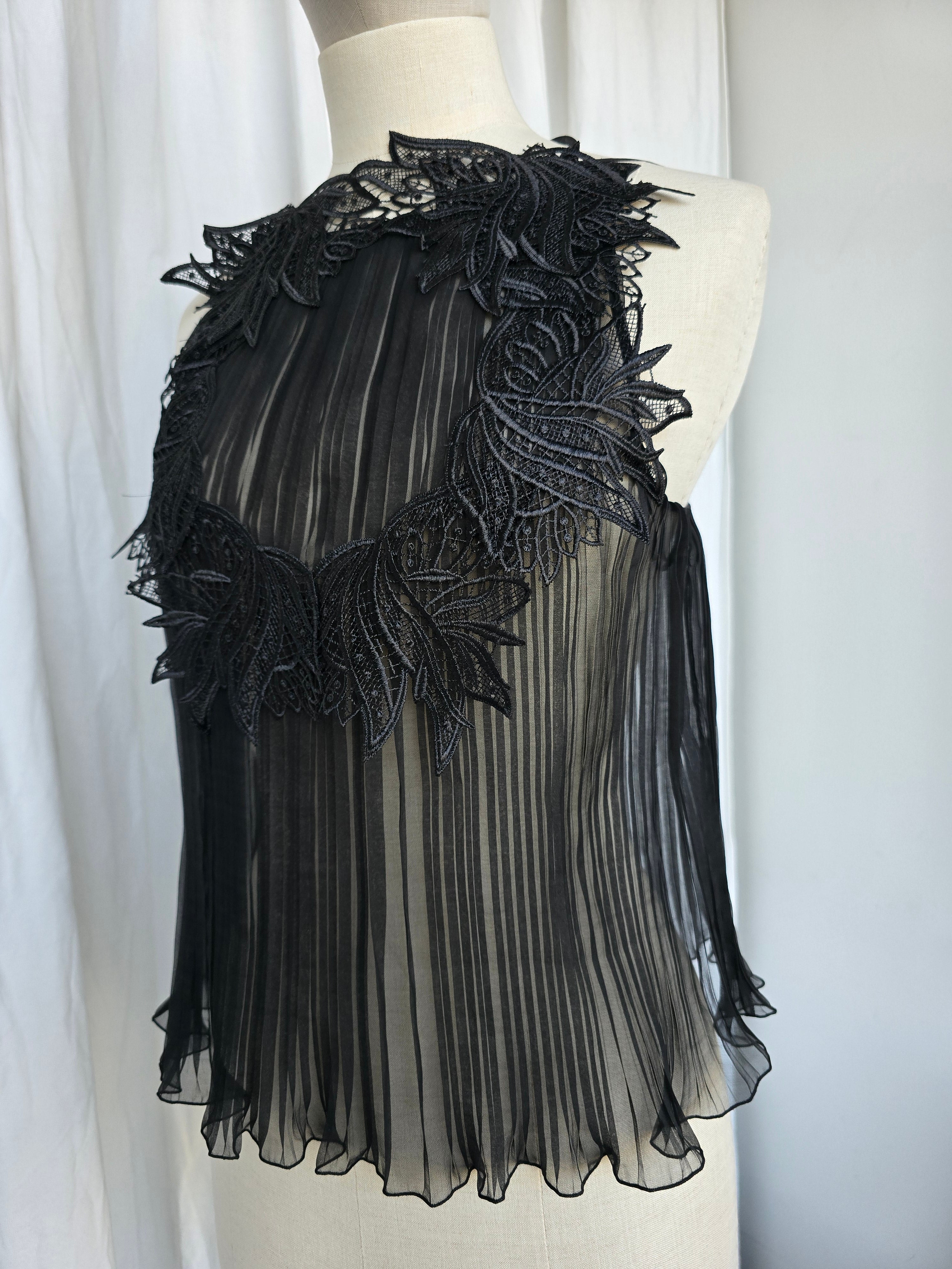 Alberta Ferretti - Top plissé e pizzo in chiffon organzato nero