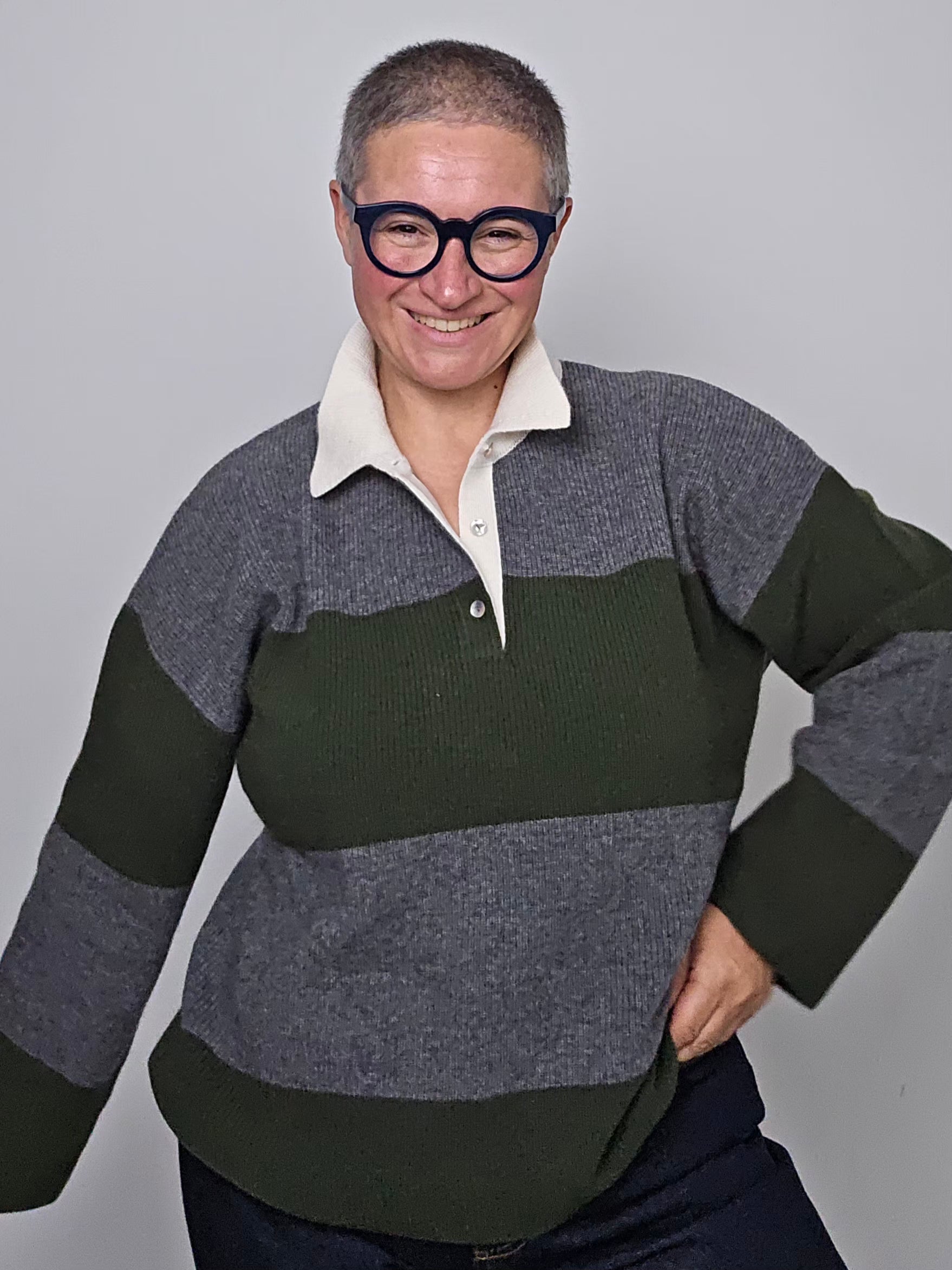 Be You - Polo cashmere rigata loden e grigio