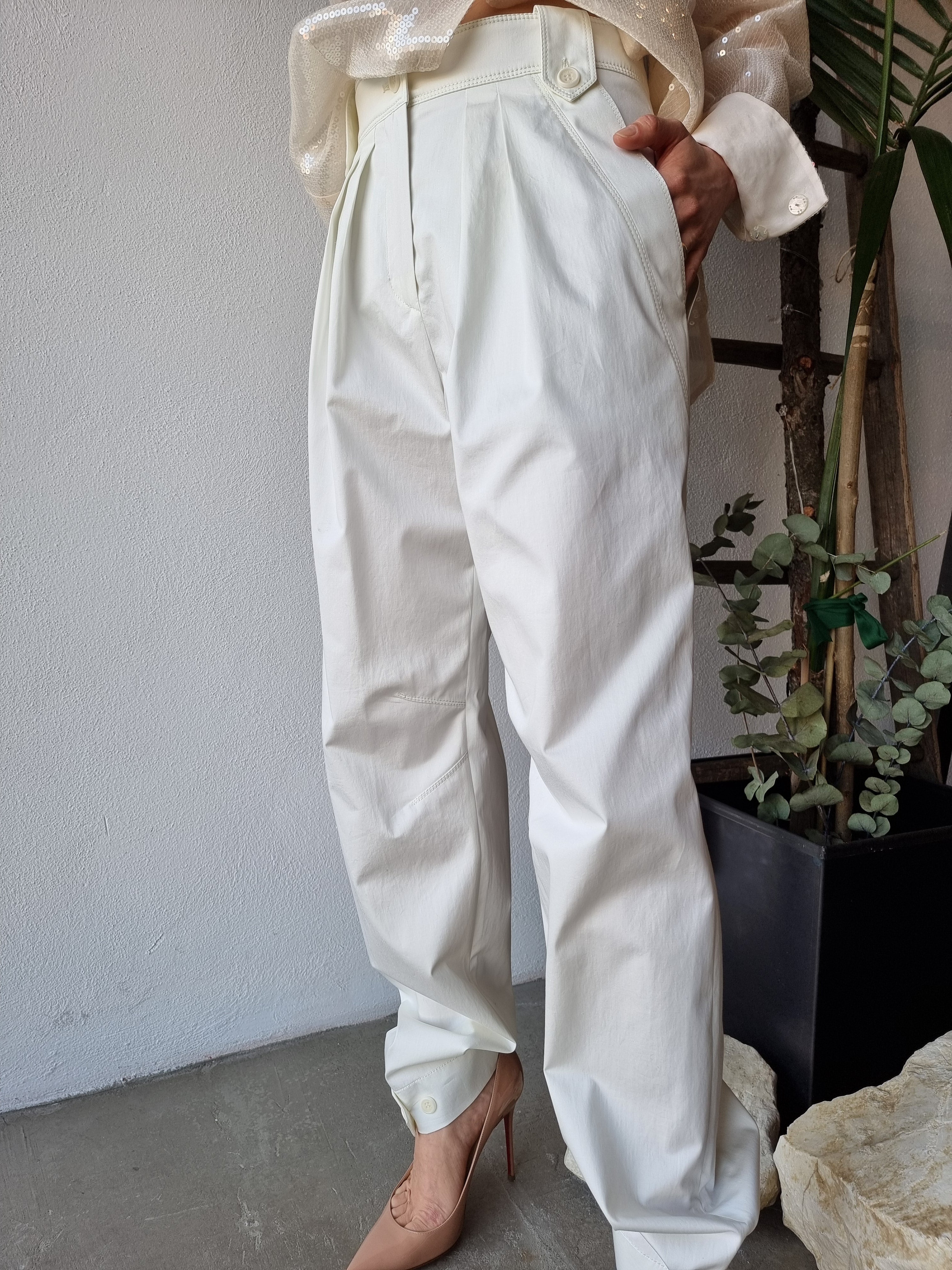 Alberta Ferretti – Pantalone in rasatello di cotone bianco