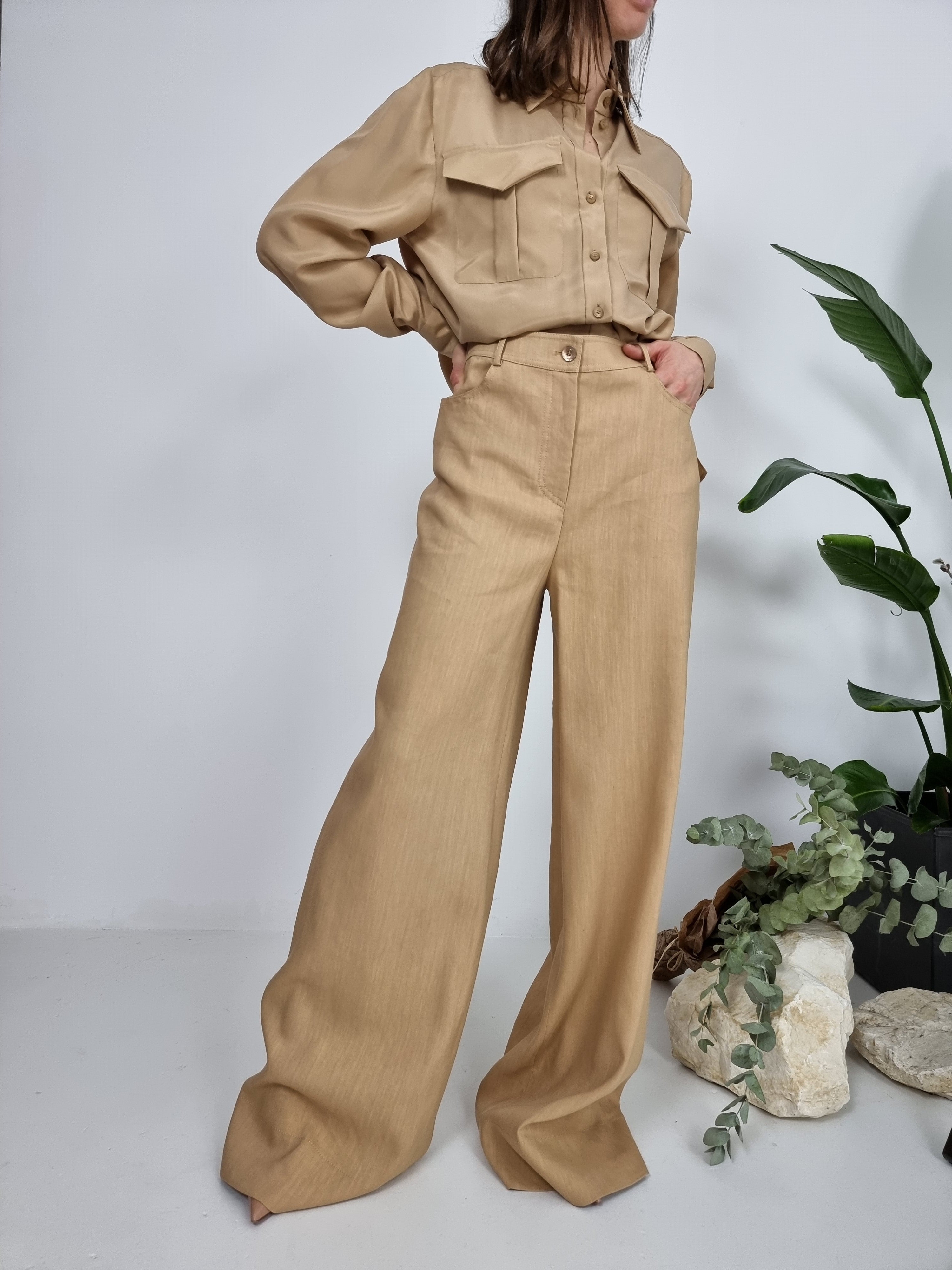 Alberta Ferretti – Pantaloni in lino-viscosa stretch beige