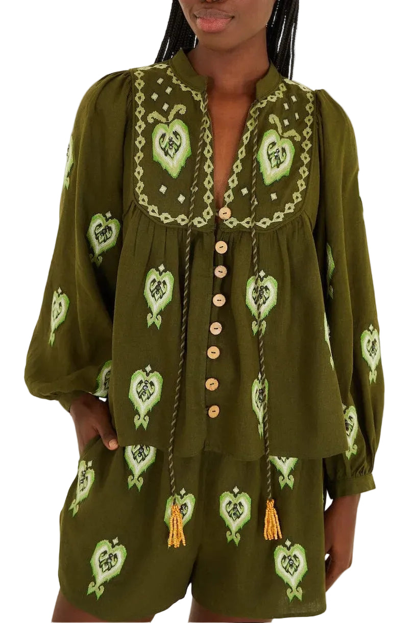 Farm Rio - Blusa verde ricamata