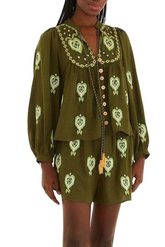 Farm Rio - Blusa verde ricamata