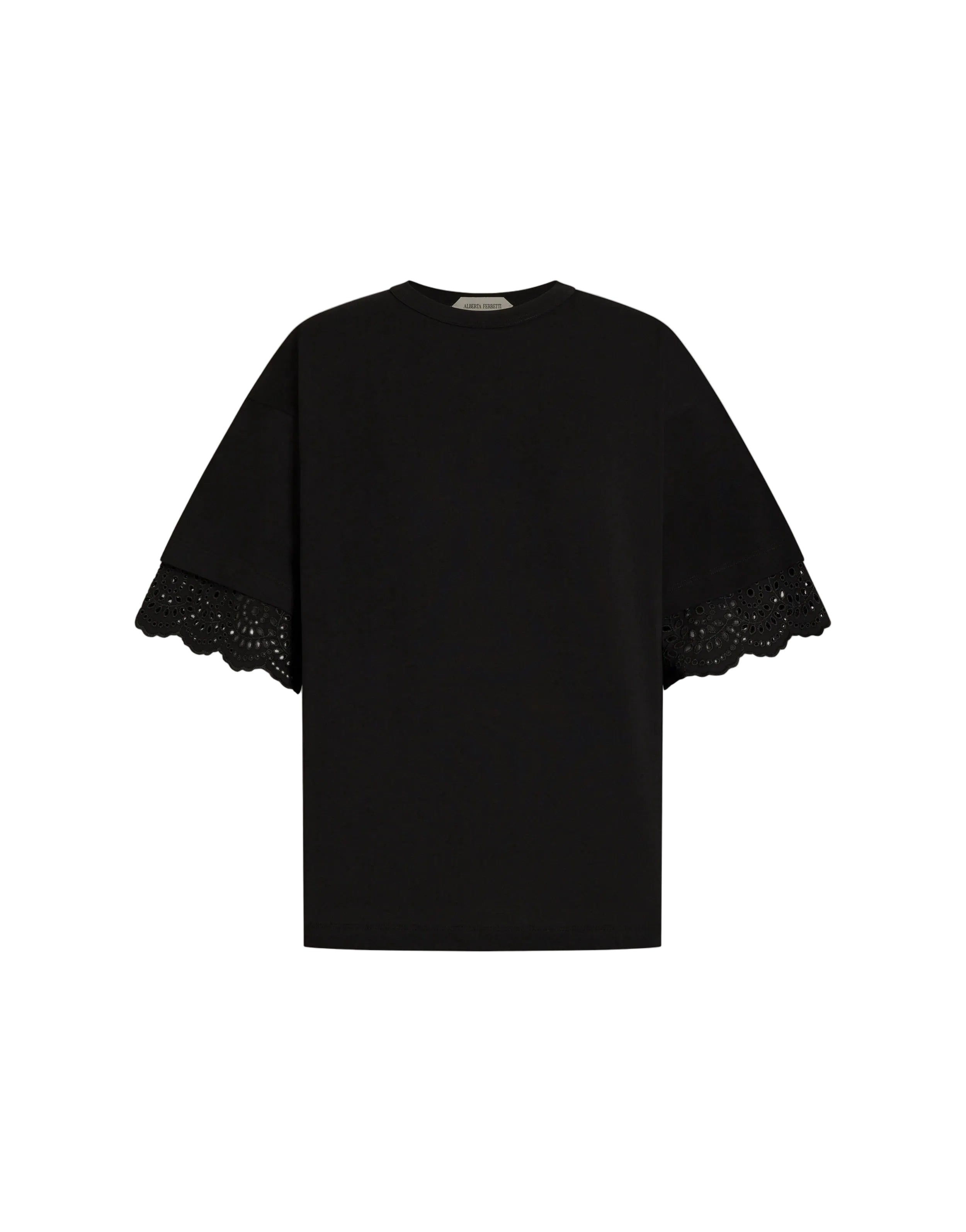 Alberta Ferretti - T-shirt nera con maniche sangallo
