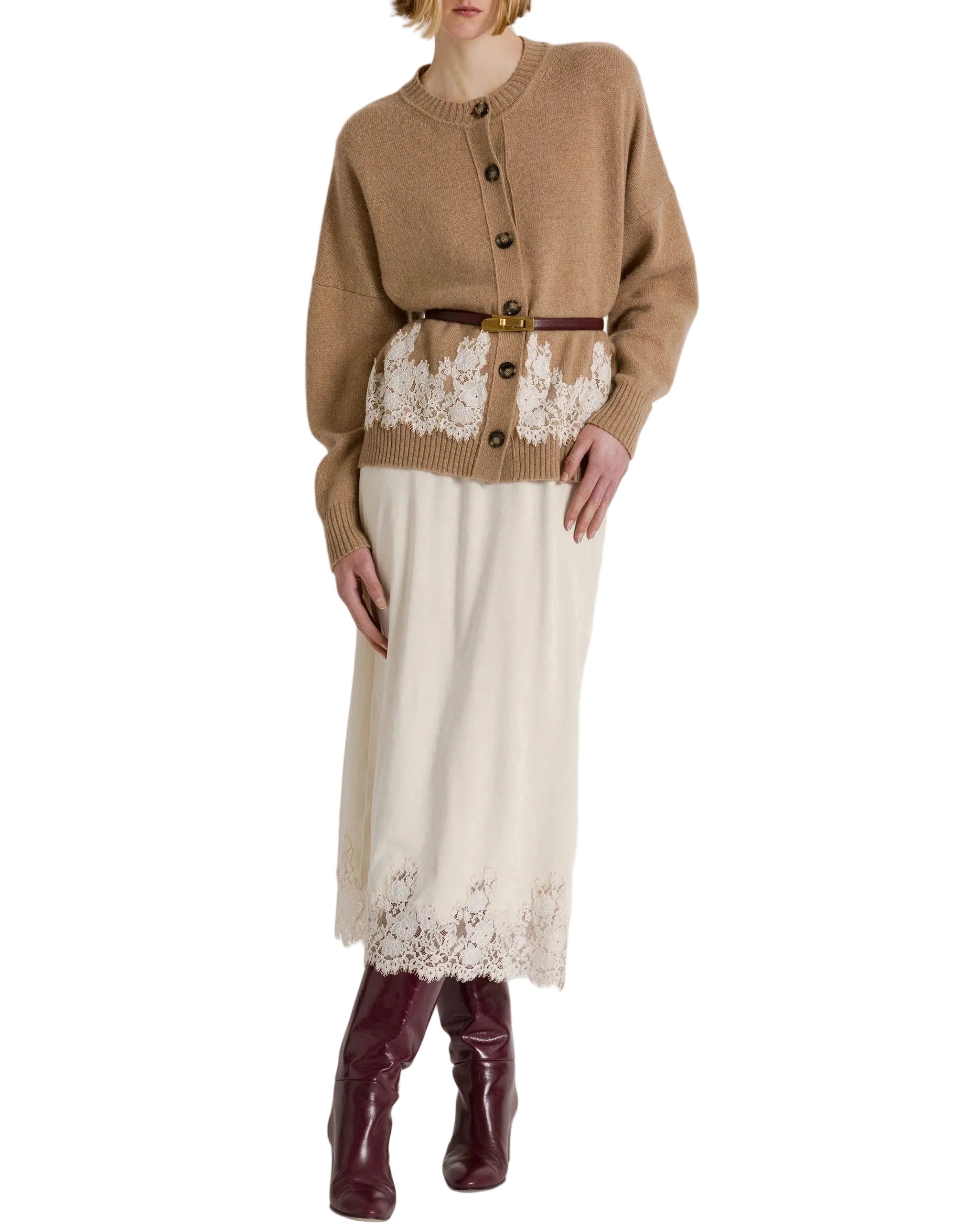 Alberta Ferretti - Cardigan beige con inserti in pizzo