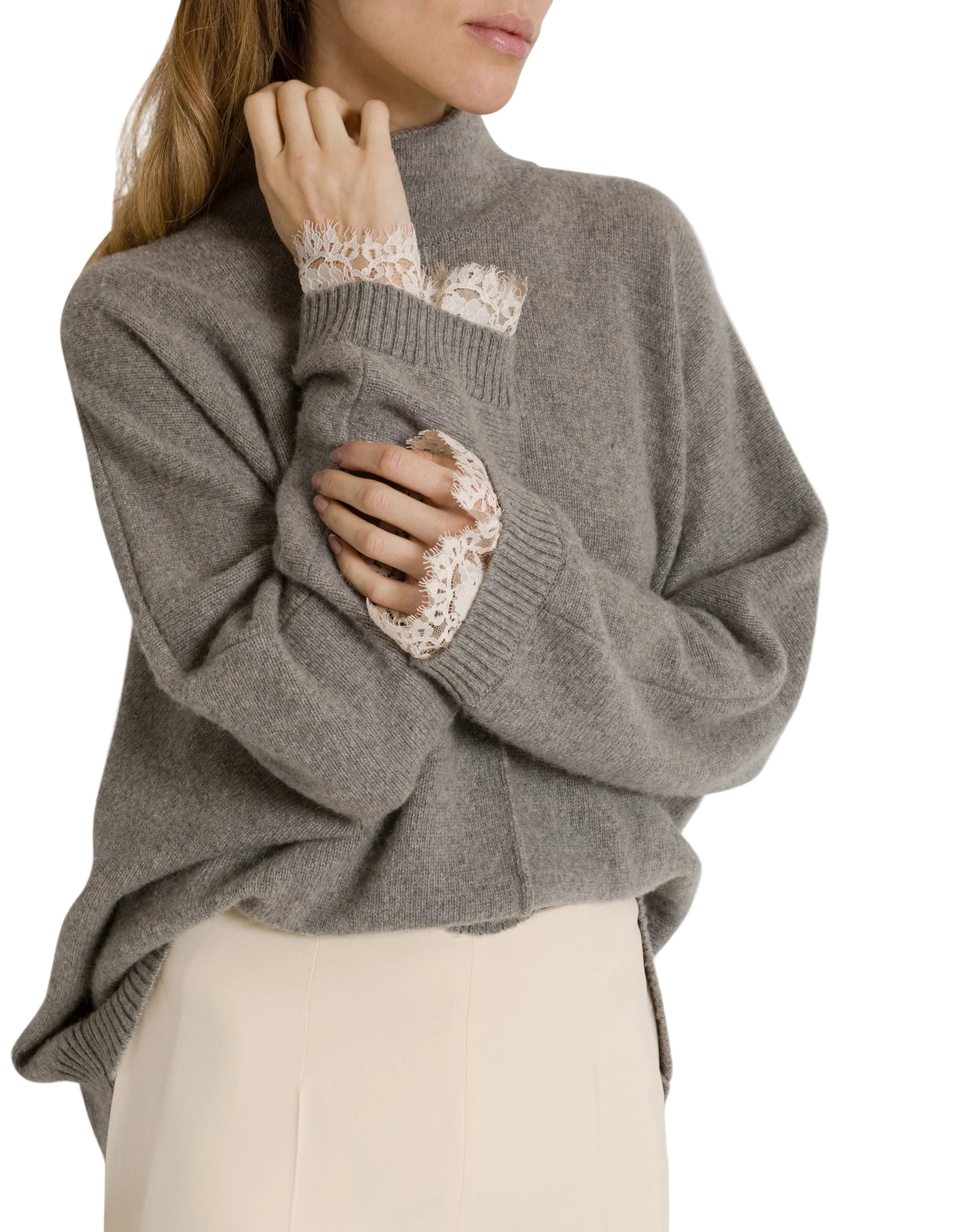 Alberta Ferretti - Maglione grigio con dettaglio pizzo polsino