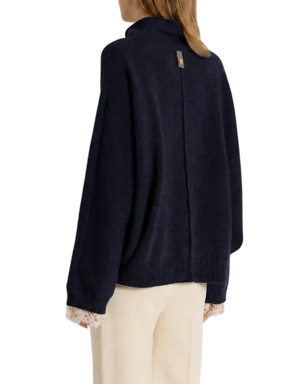 Alberta Ferretti - Maglia blu cashmere con pizzo
