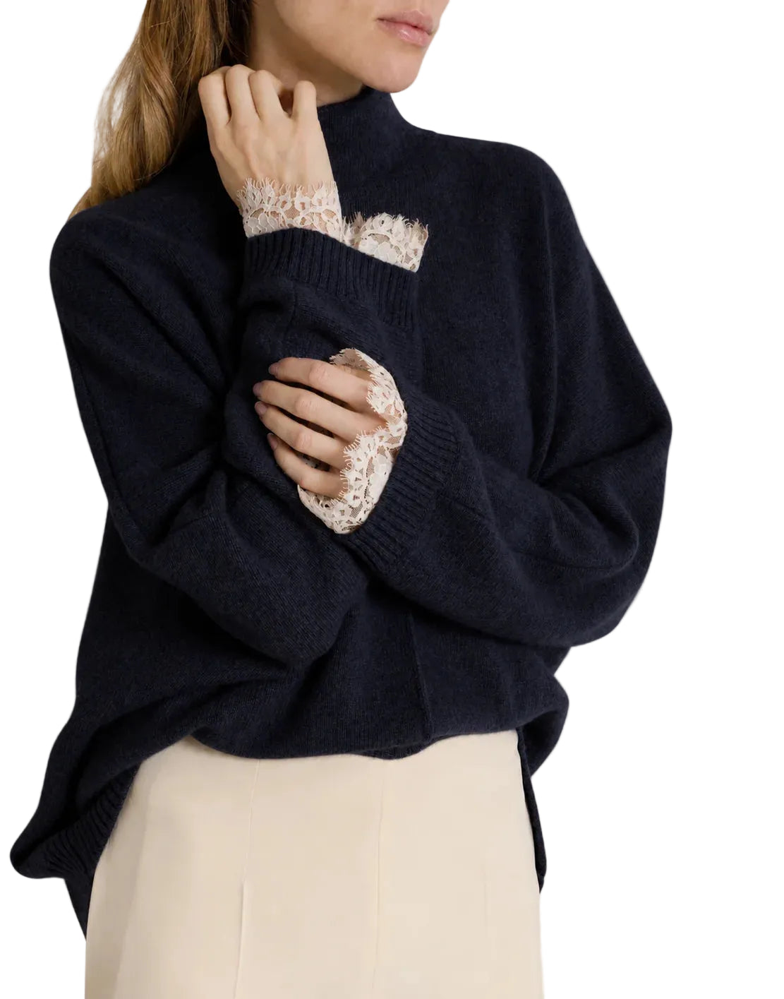 Alberta Ferretti - Maglia blu cashmere con pizzo