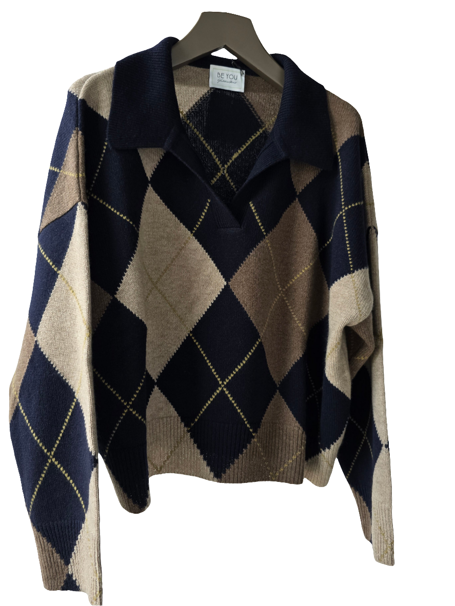 Maglia in cashmere modello polo a rombi