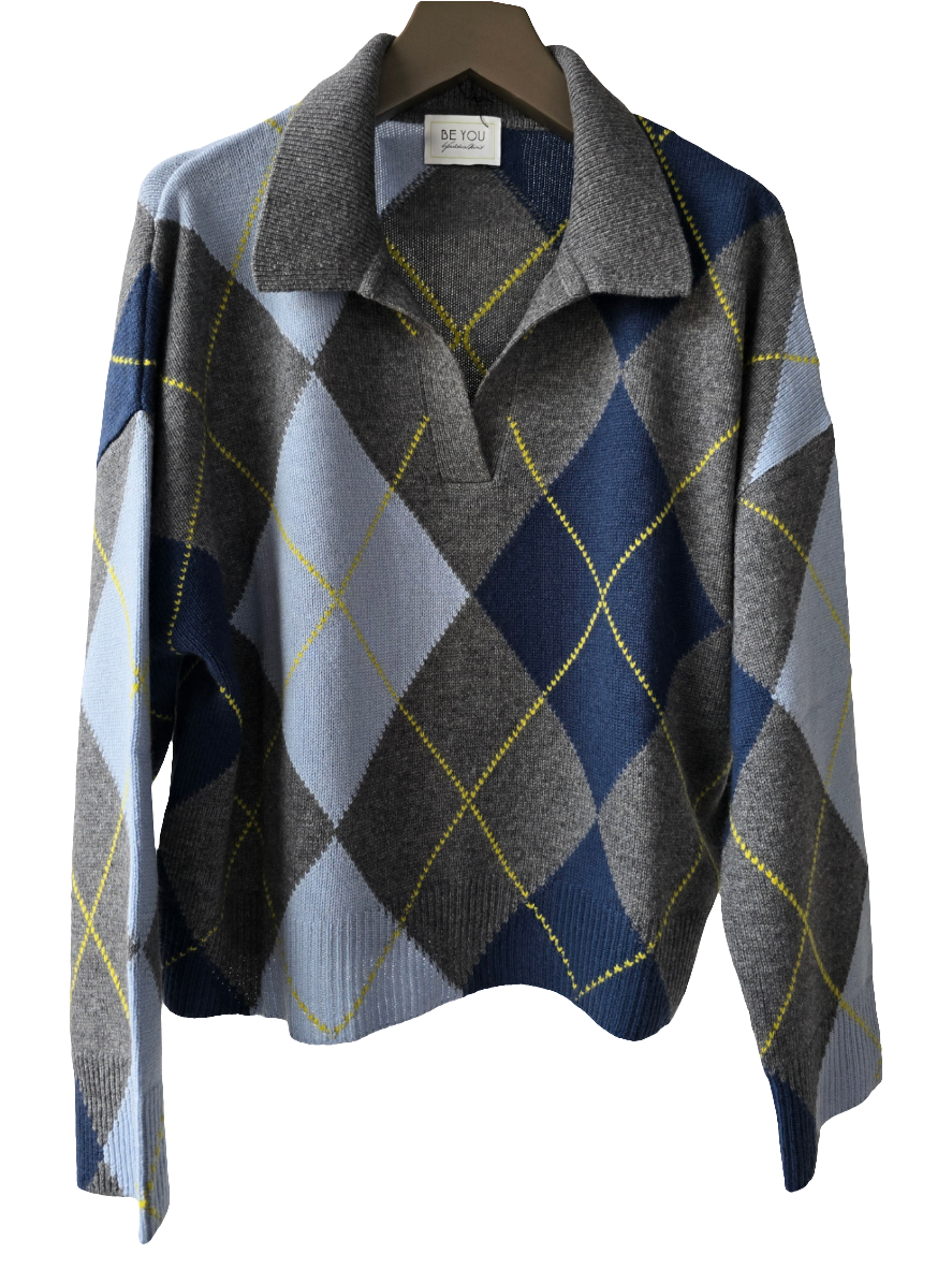Maglia in cashmere modello polo a rombi