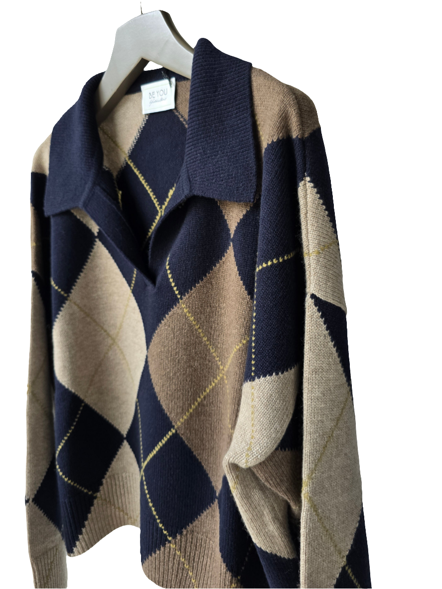 Maglia in cashmere modello polo a rombi