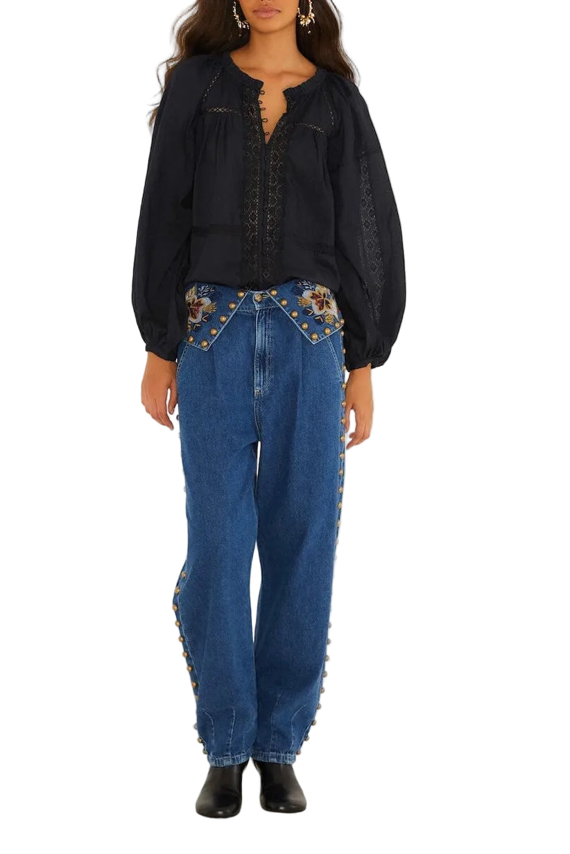 Farm Rio - Camicia nera boho con pizzo