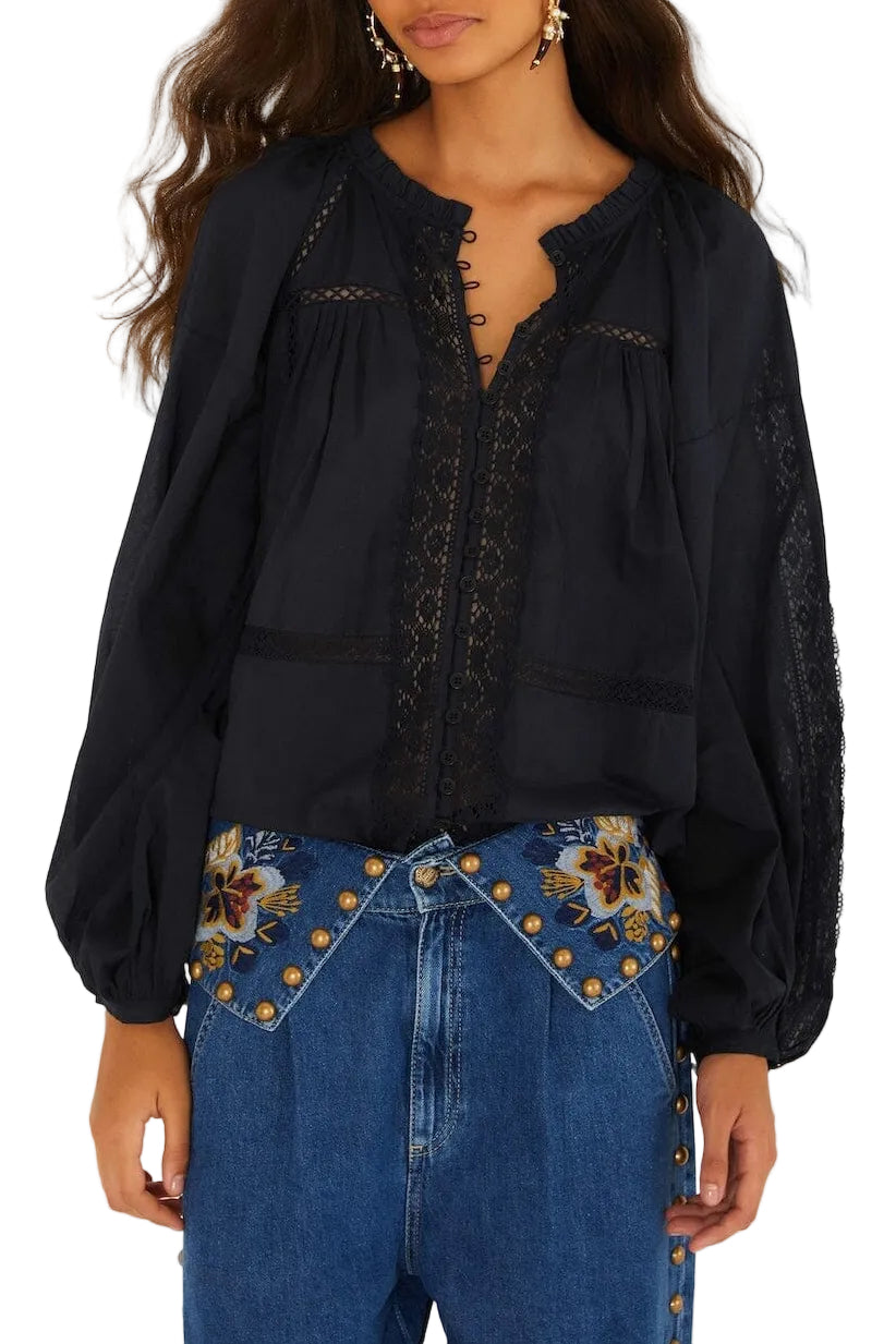 Farm Rio - Camicia nera boho con pizzo
