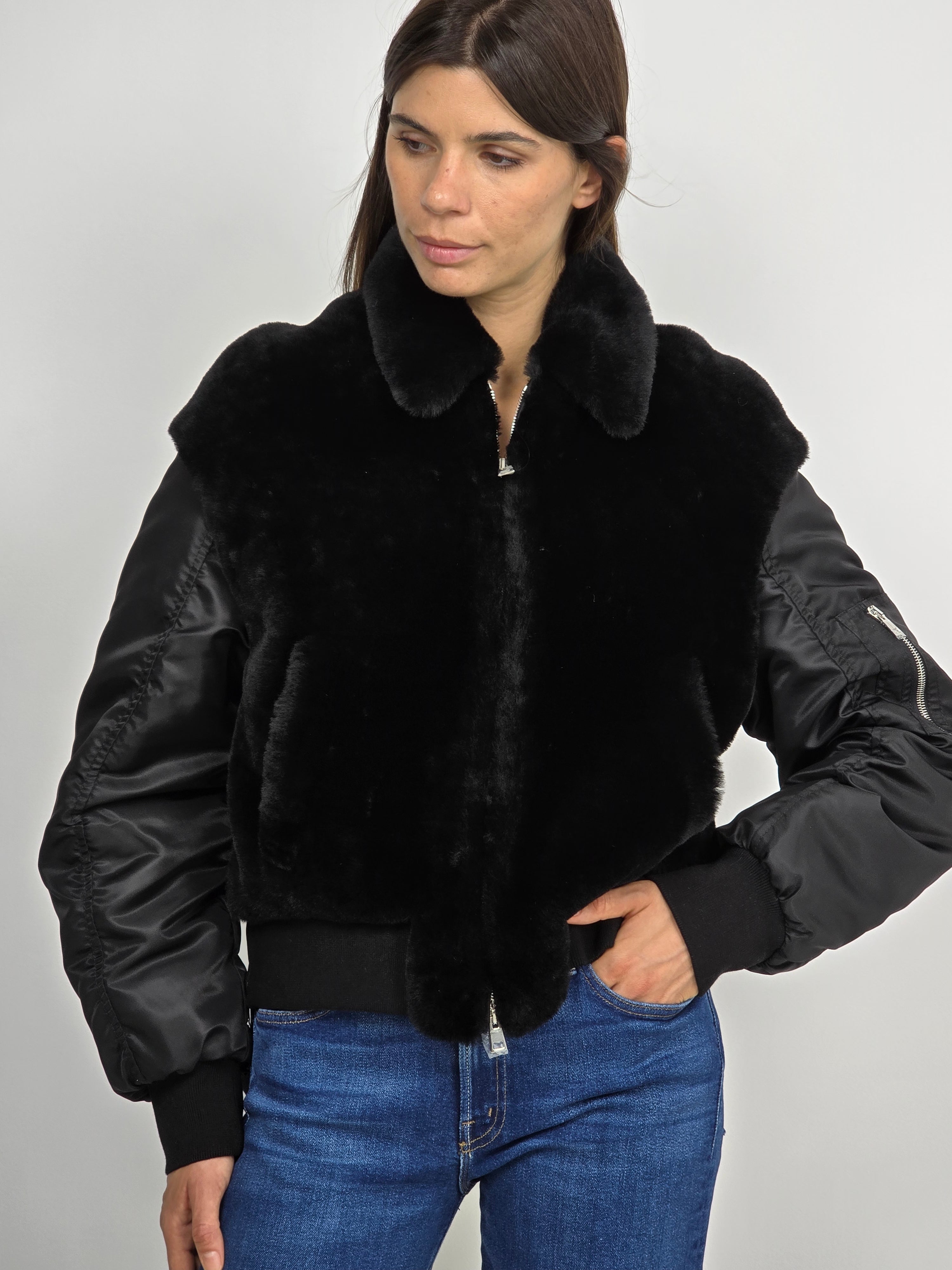 Blancha - Bomber shearling e nylon nero