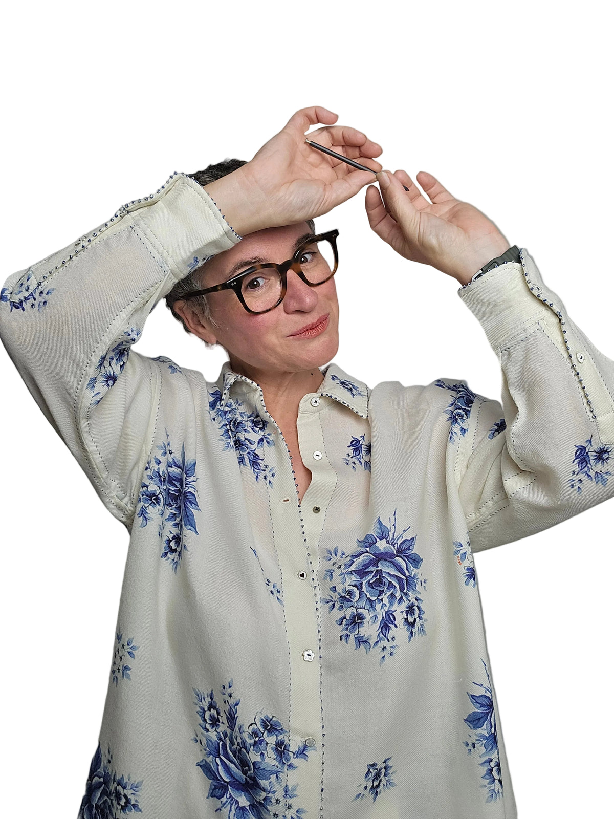 Péro - Camicia con fiori blu in lana