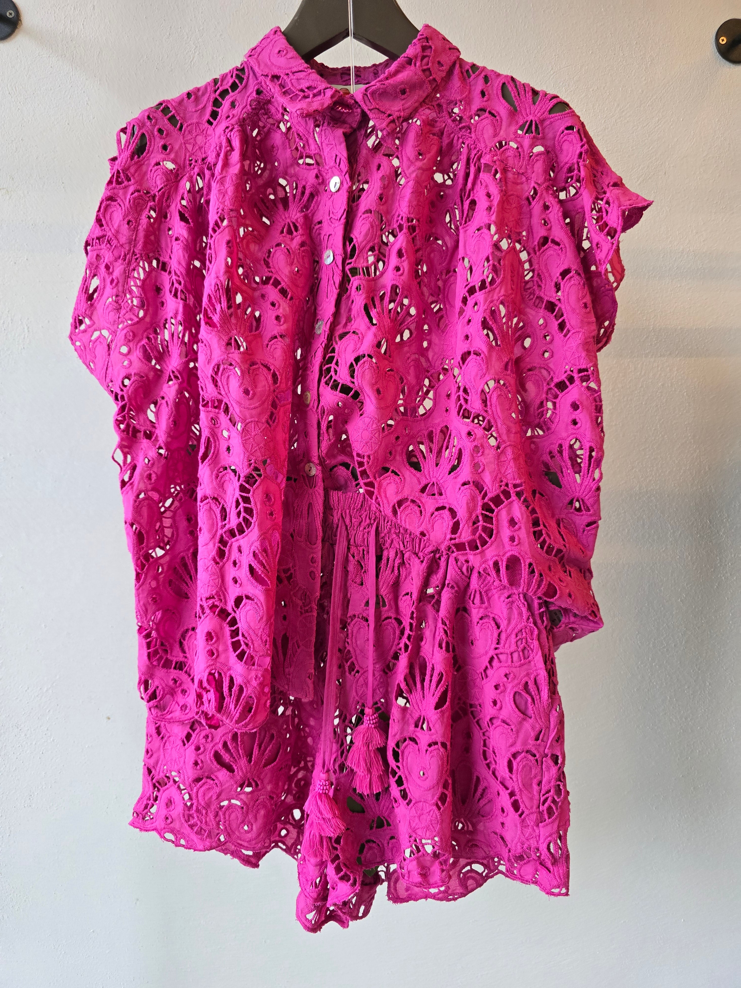 Farm Rio - Camicia rosa fucsia in pizzo di cotone