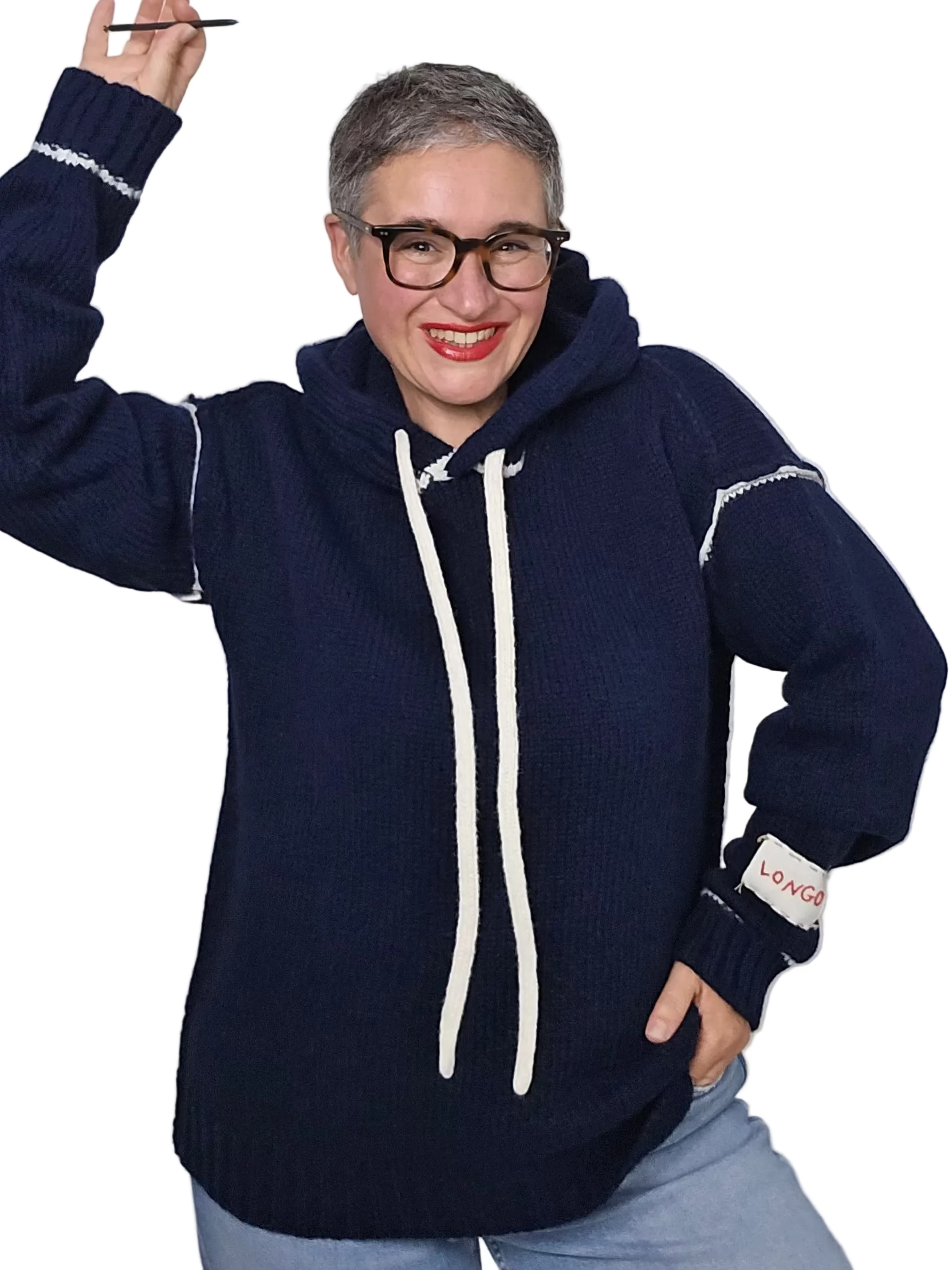 Longo - Maglia ricamata a mano blu cappuccio