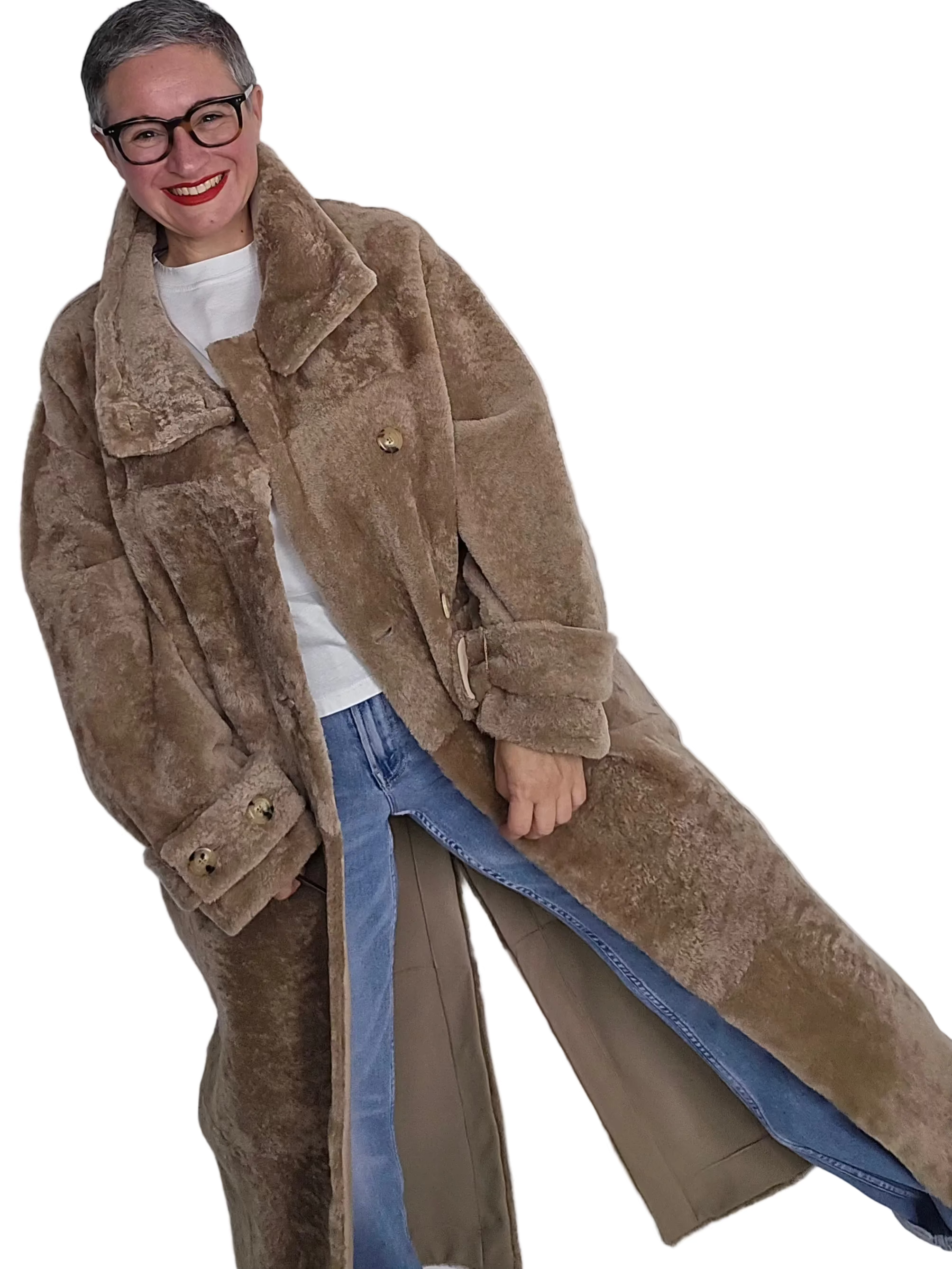 Blancha - Cappotto collo alto astrakhan nocciola