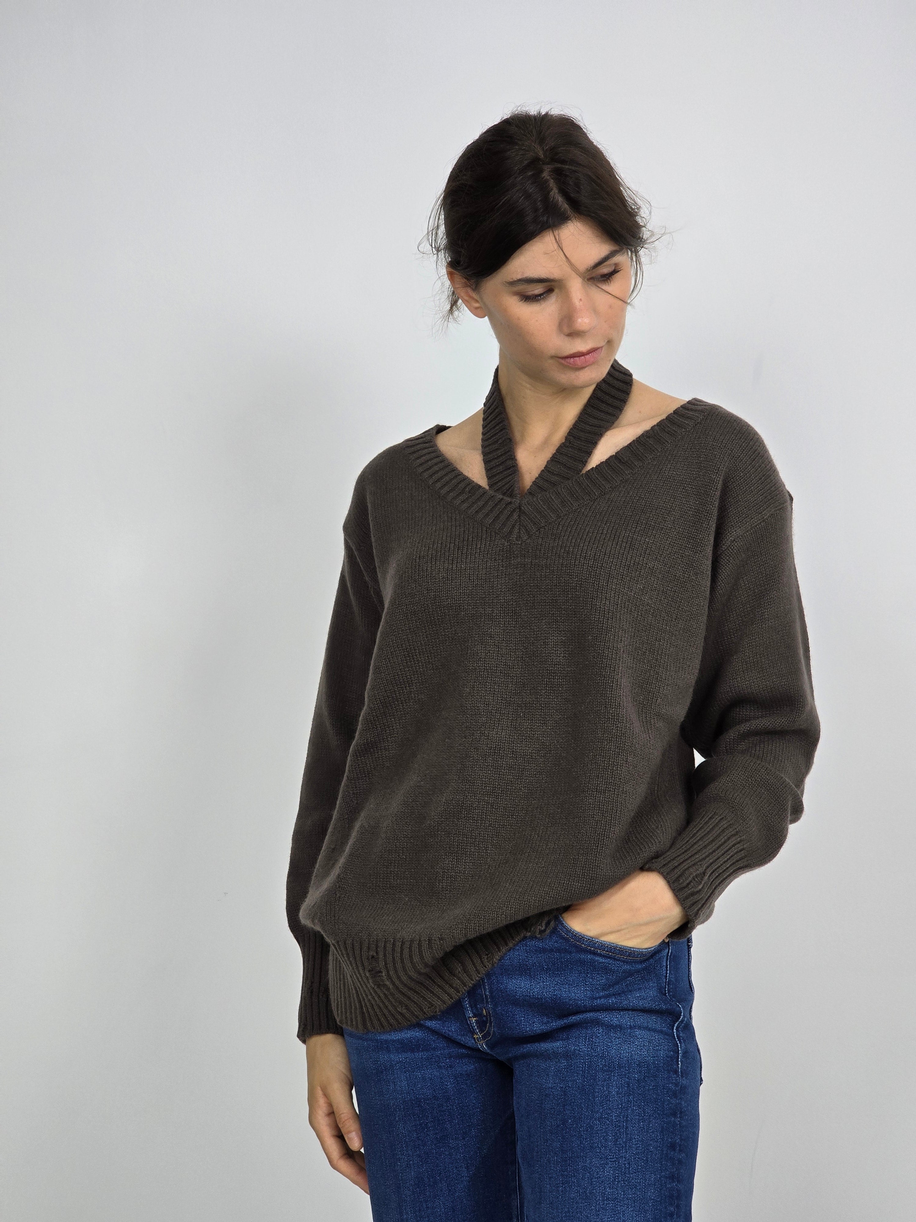 Canessa - Maglia cashmere "Sole" cut out cioccolato