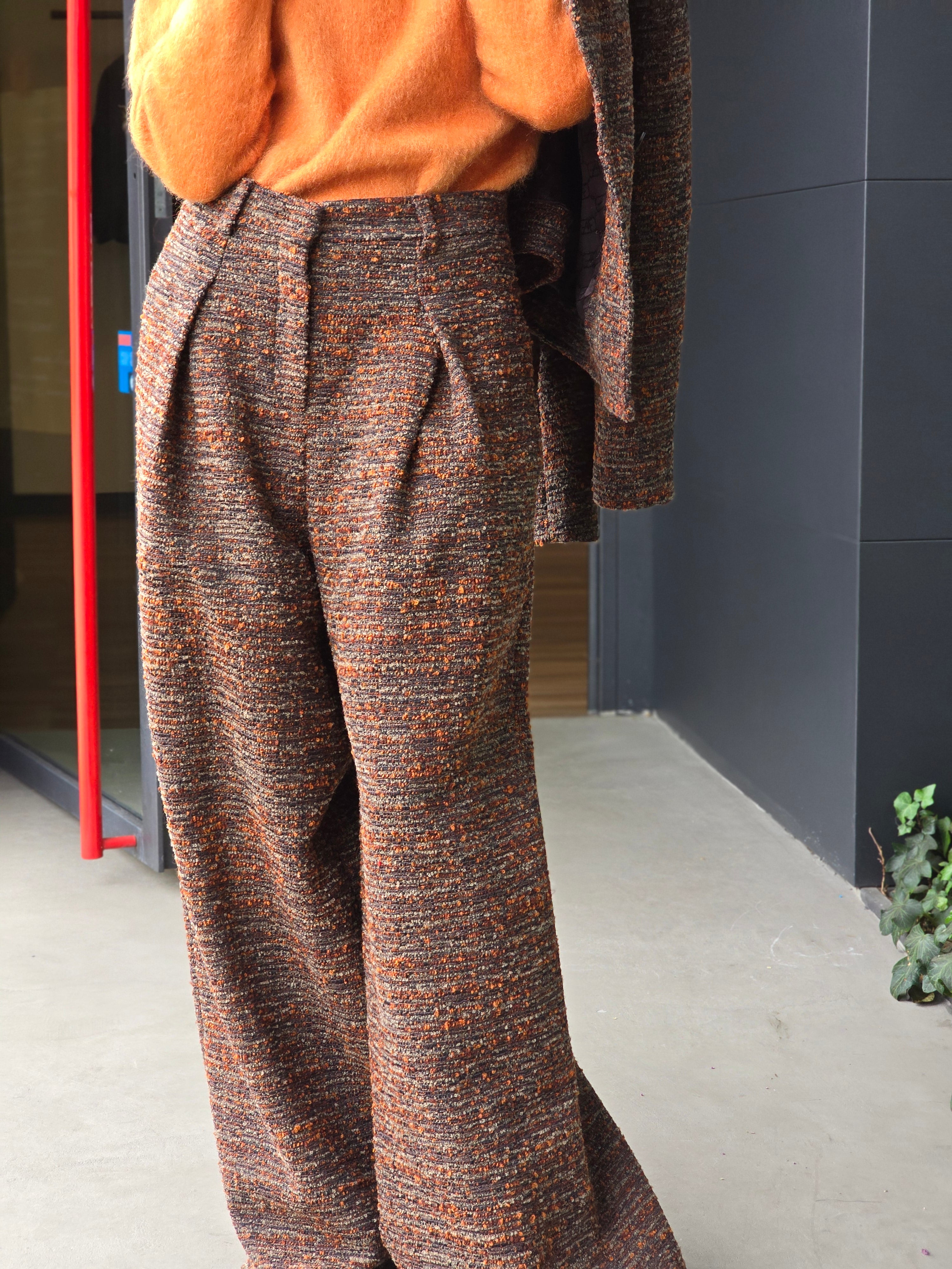 Alberta Ferretti - Pantalone in tweed bottonato marrone