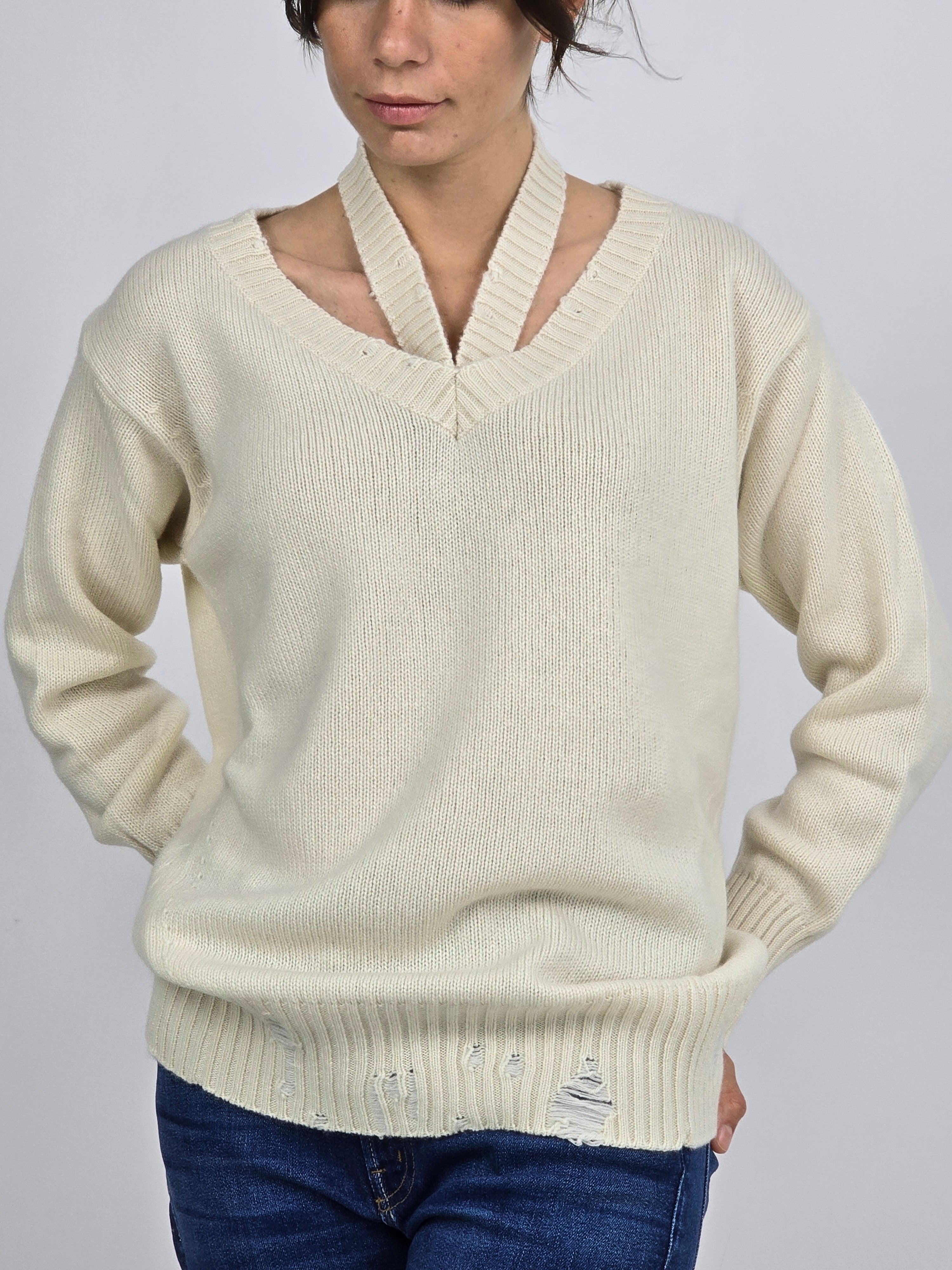 Canessa - Maglia cashmere "Sole" cut out panna