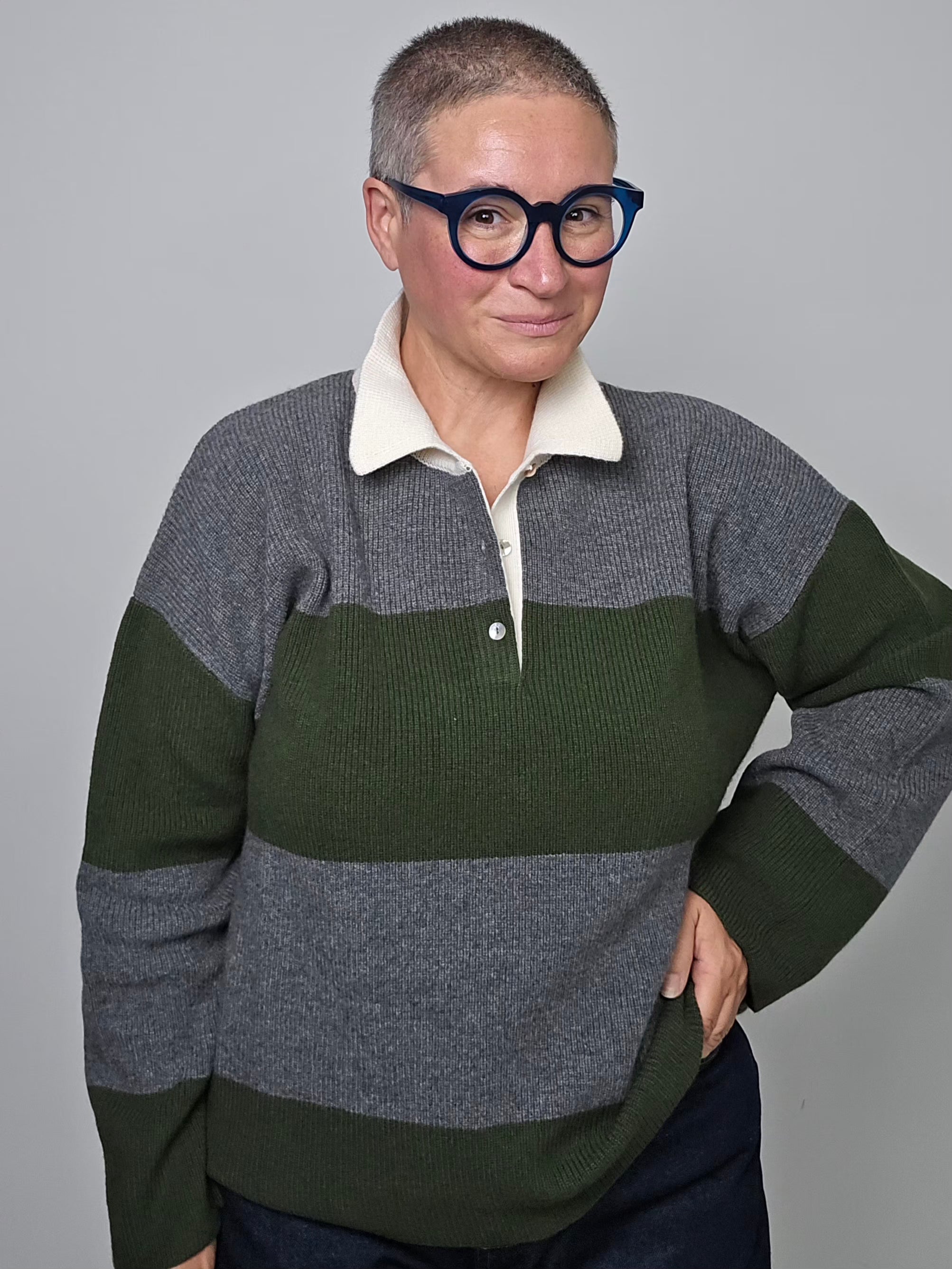 Be You - Polo cashmere rigata loden e grigio