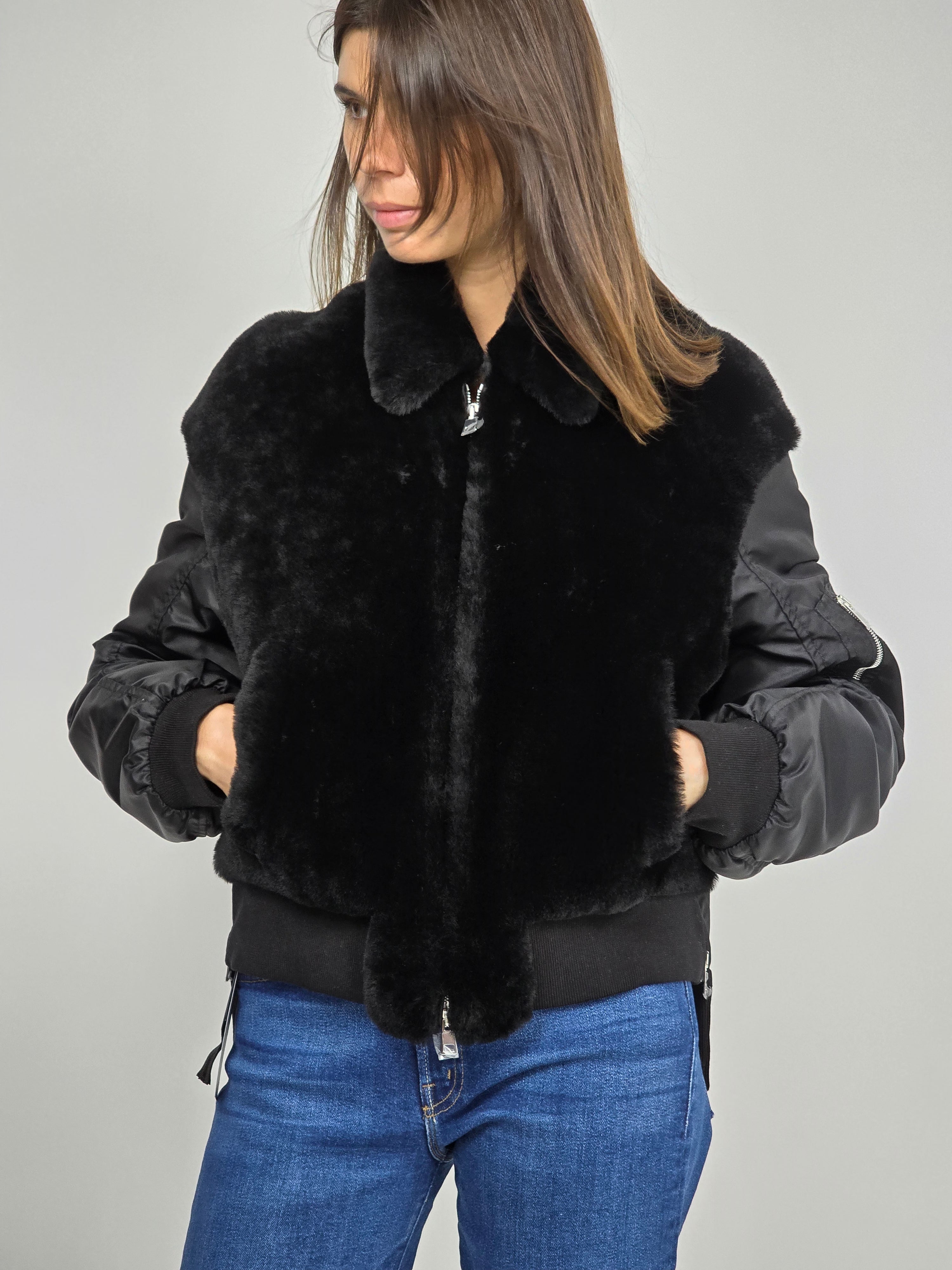 Blancha - Bomber shearling e nylon nero