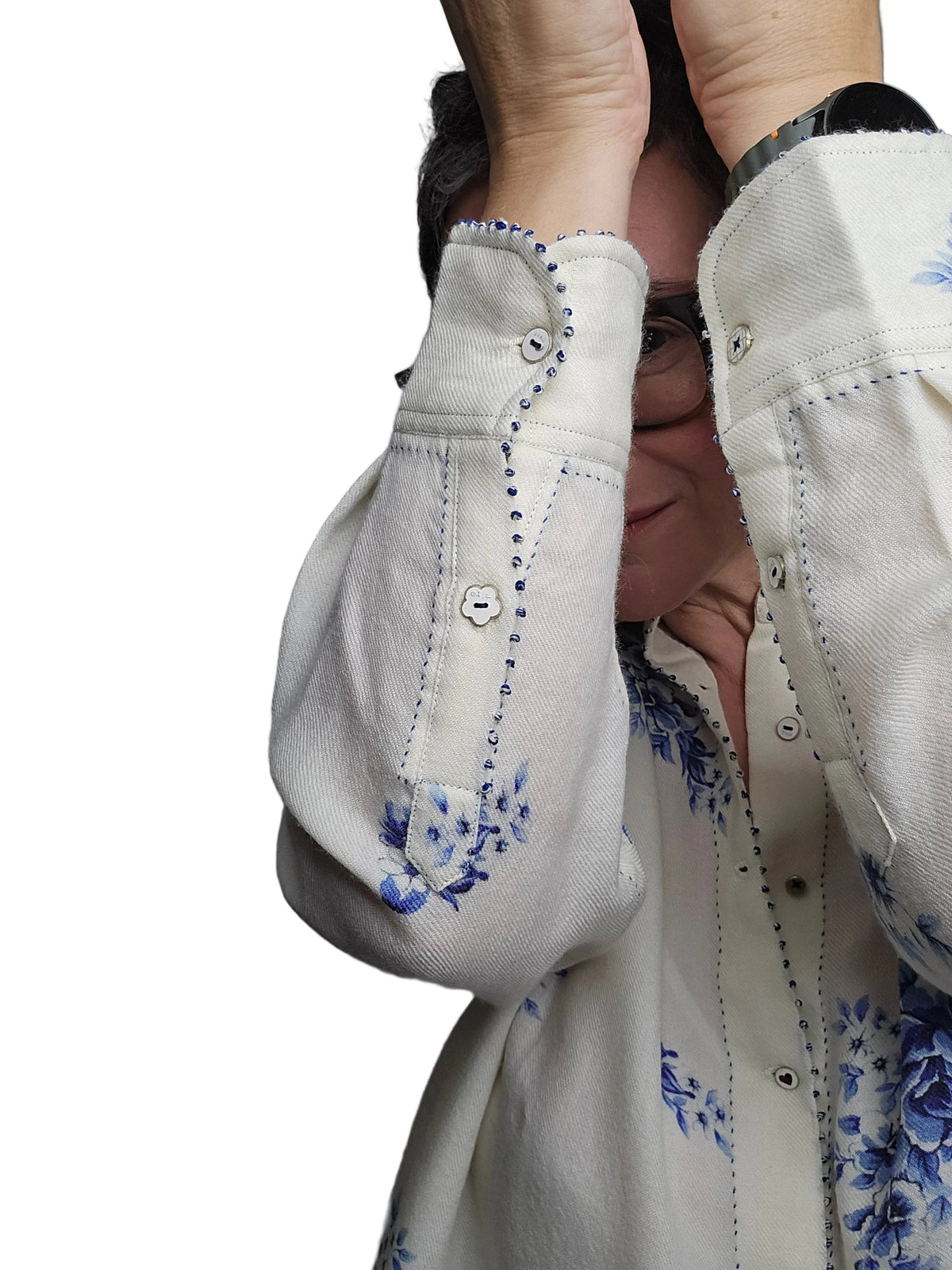 Péro - Camicia con fiori blu in lana