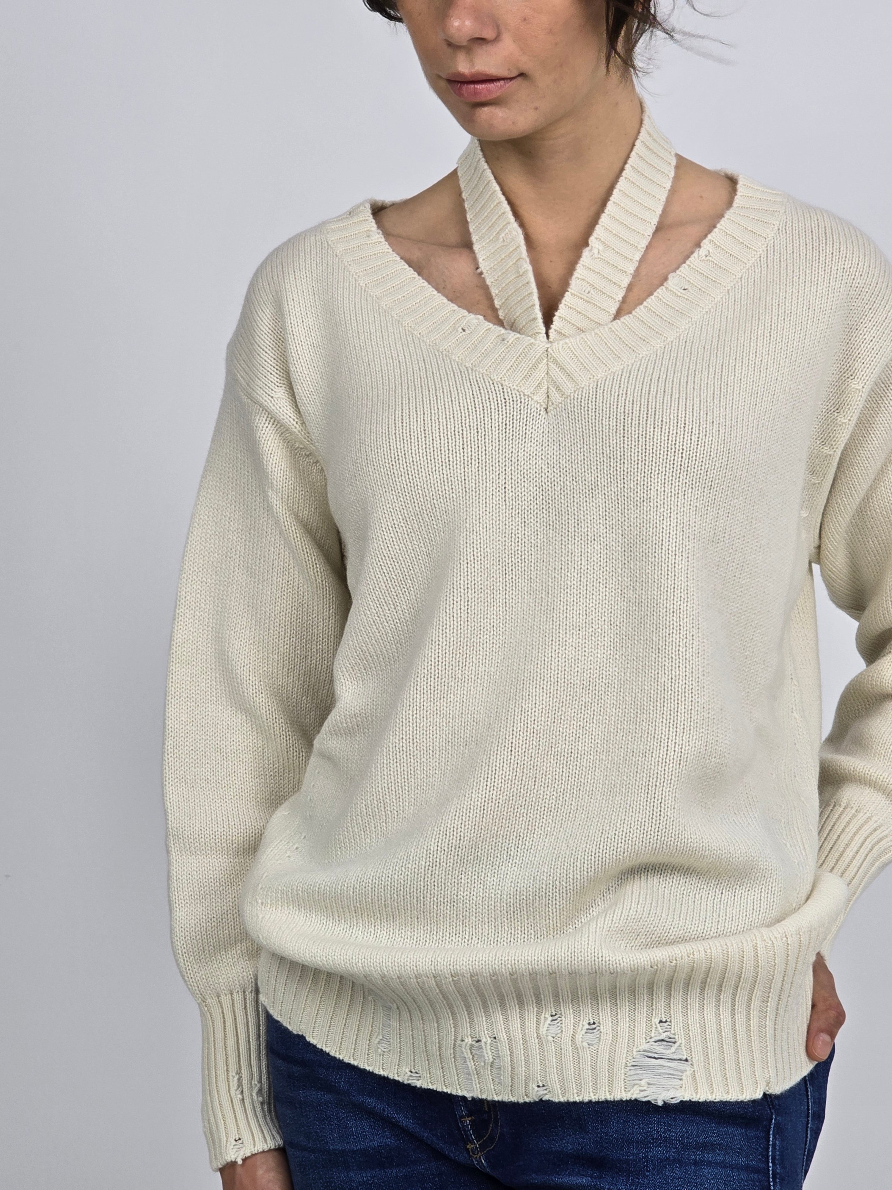 Canessa - Maglia cashmere "Sole" cut out panna