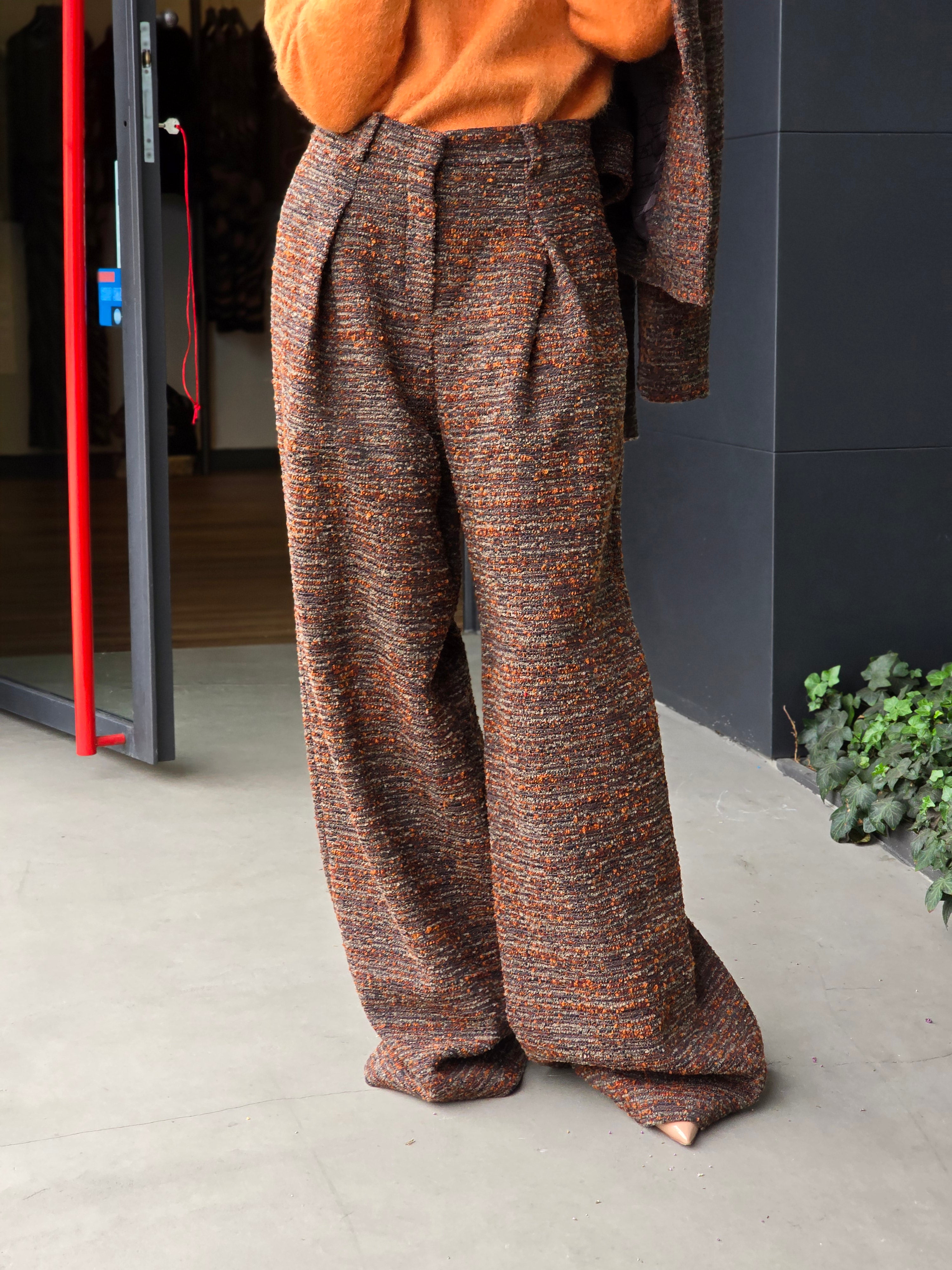 Alberta Ferretti - Pantalone in tweed bottonato marrone