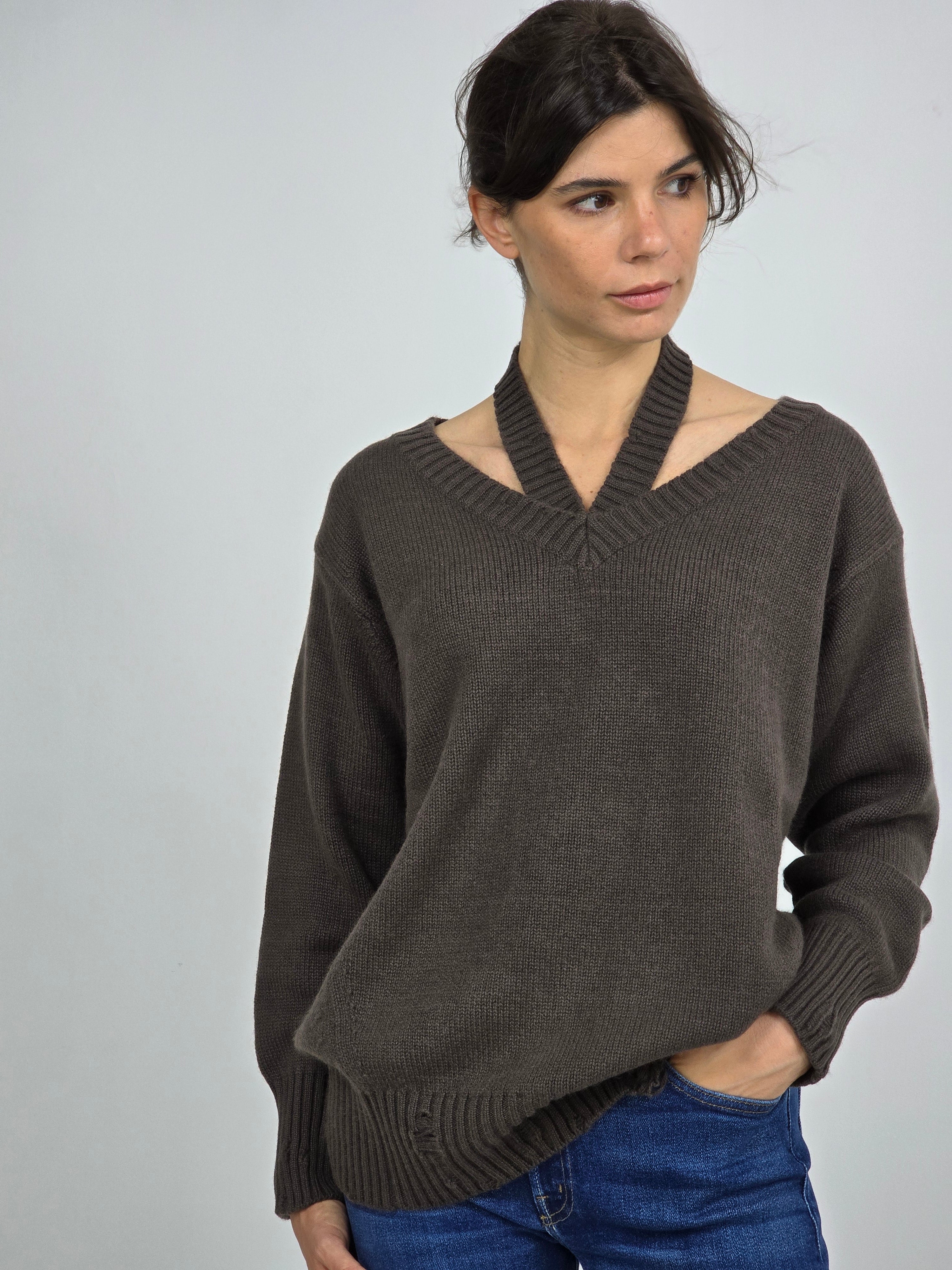 Canessa - Maglia cashmere "Sole" cut out cioccolato