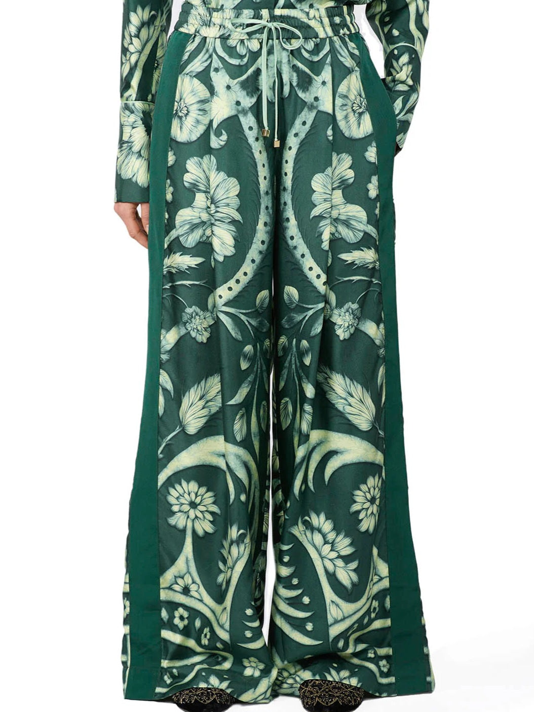 F.R.S - Pantalone seta fondo verde floreale
