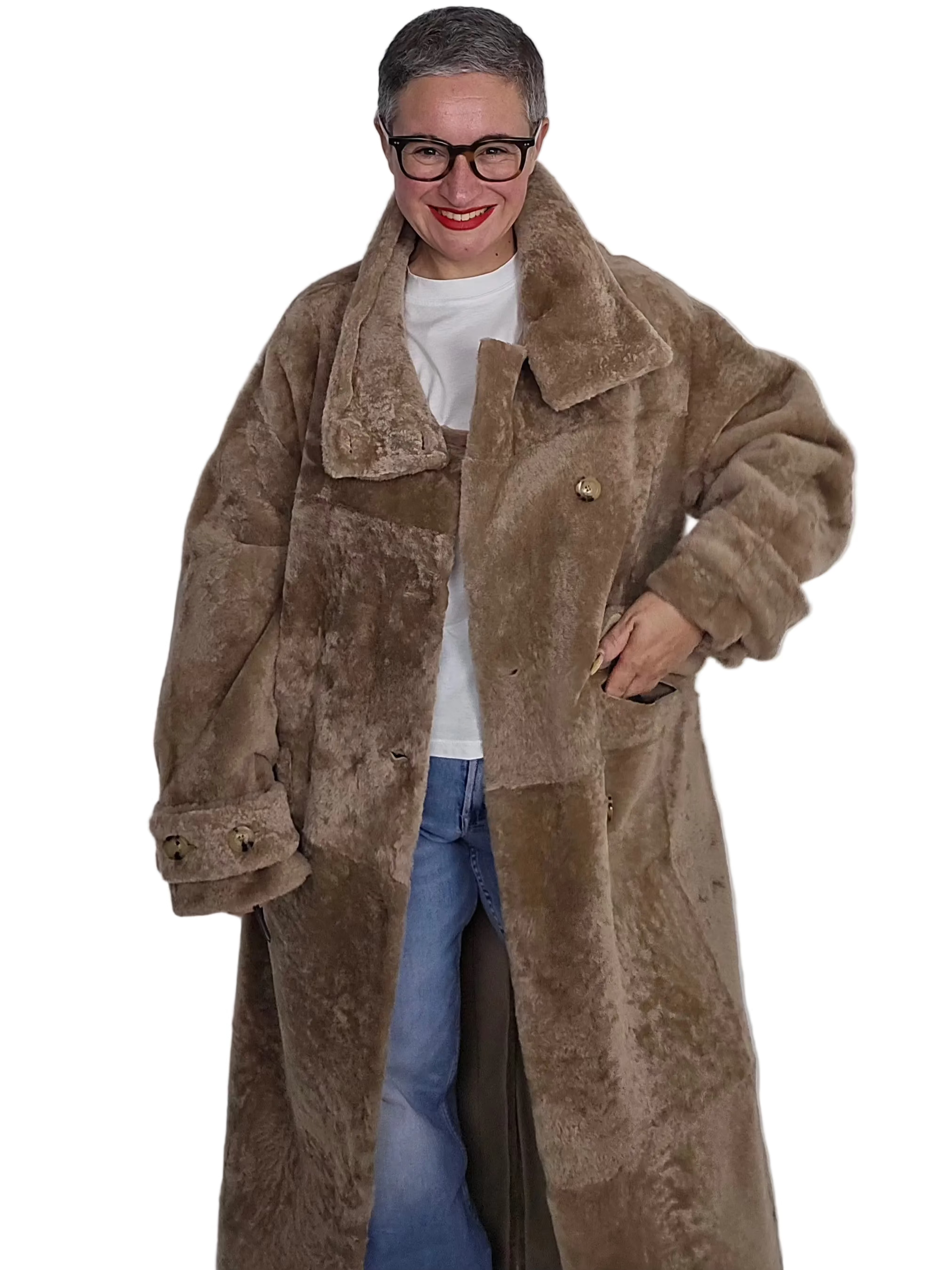 Blancha - Cappotto collo alto astrakhan nocciola
